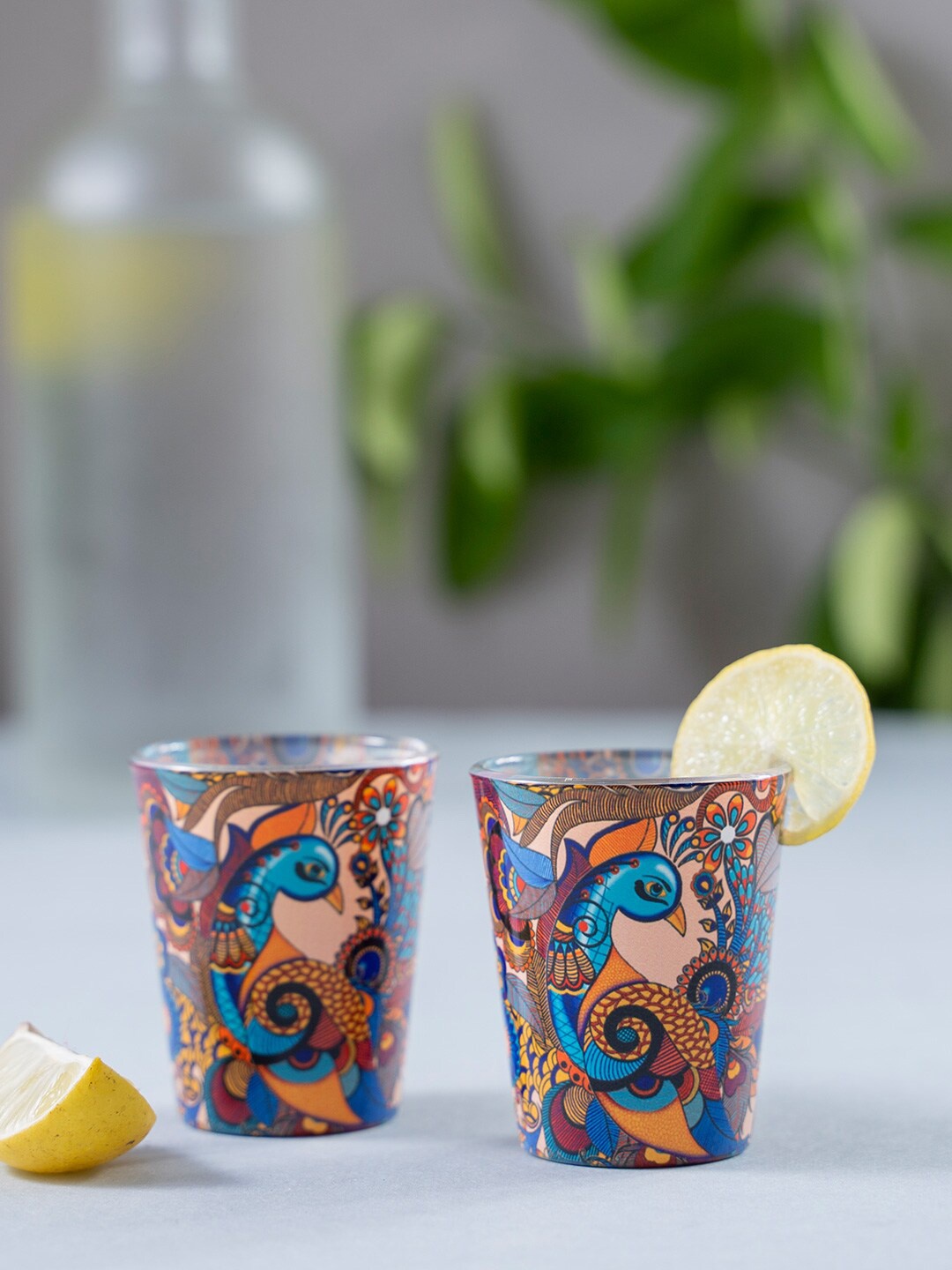 KOLOROBIA Set of 2 Blue & Beige Peacock Admiration Shot Glasses 30ml