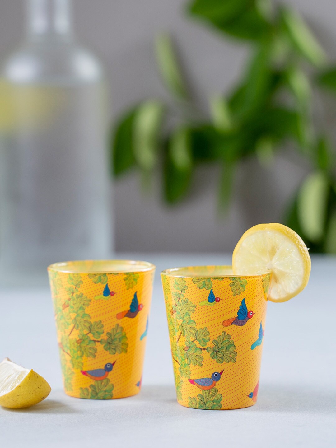 KOLOROBIA Set of 2 Yellow & Green Gond Art Shot Glasses