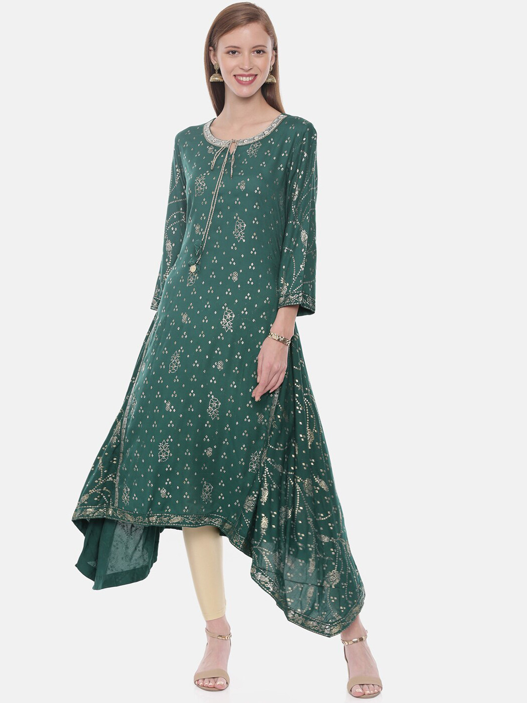 

Neerus Women Green & Gold-Toned Printed A-Line Kurta