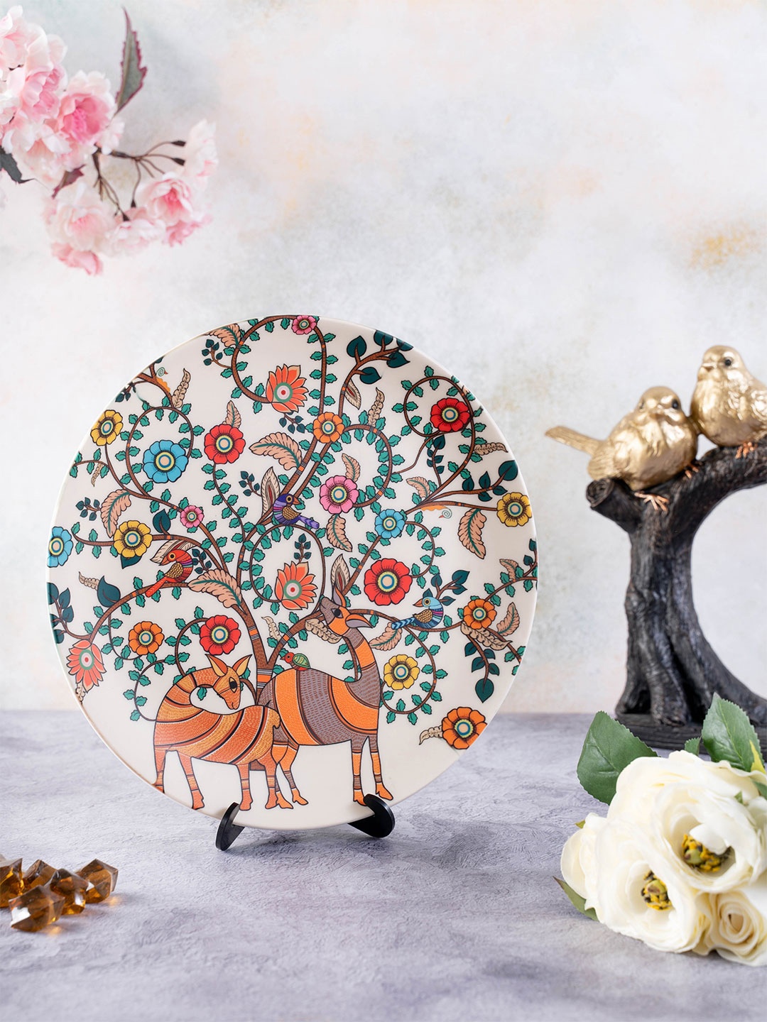 

KOLOROBIA White & Brown Madhubani Art Inspired Decorative Wall Plate