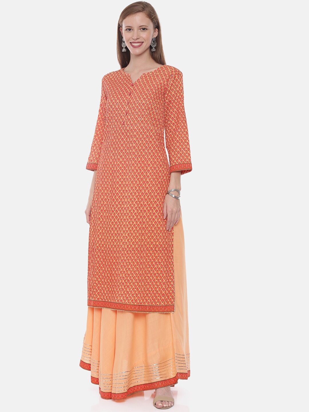 

Neerus Women Orange Printed Straight Kurta