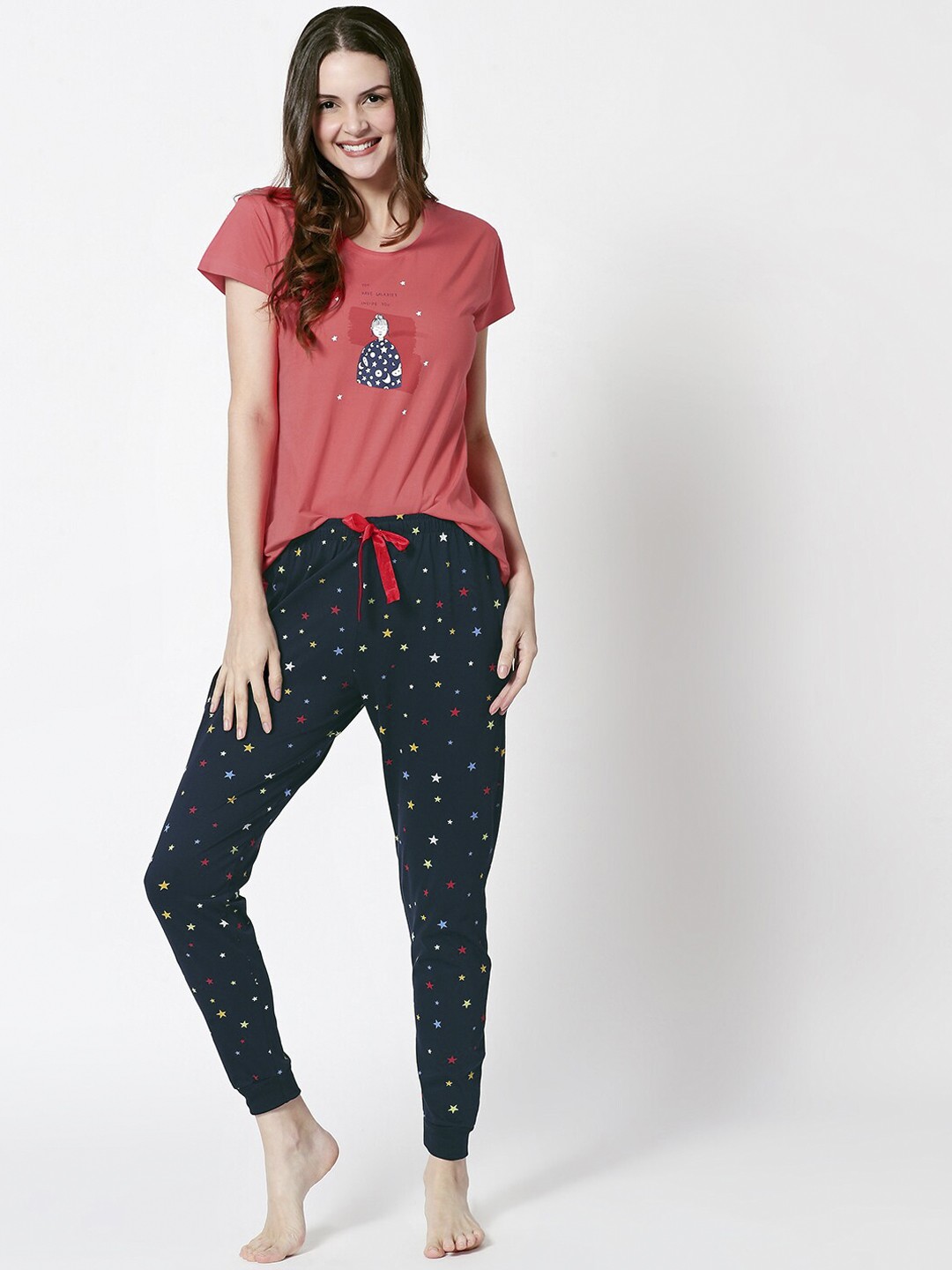 

Zeyo Women Coral Red & Navy Blue Printed Night Suit