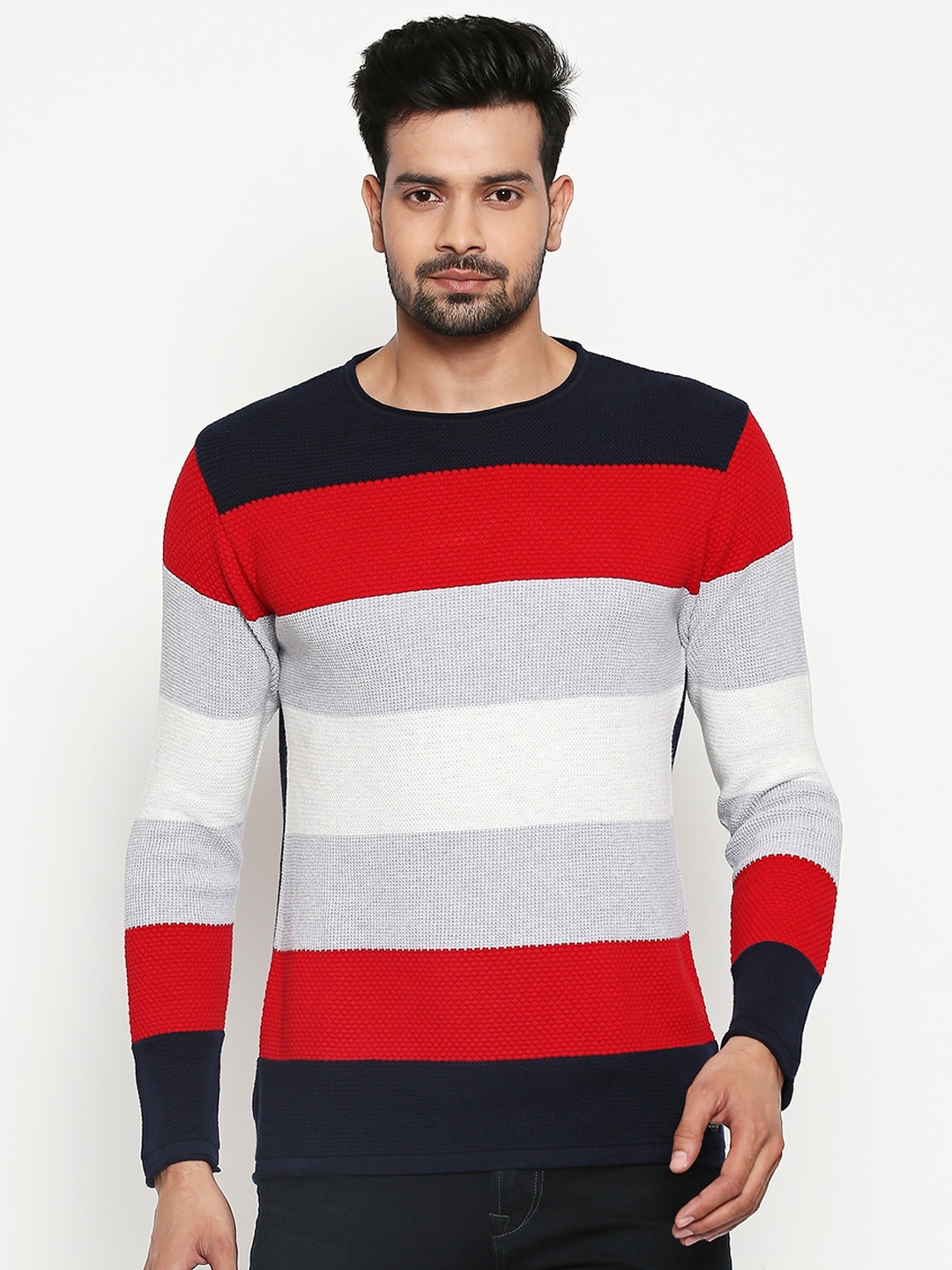 

People Men Red & Grey Striped Pullover Sweater