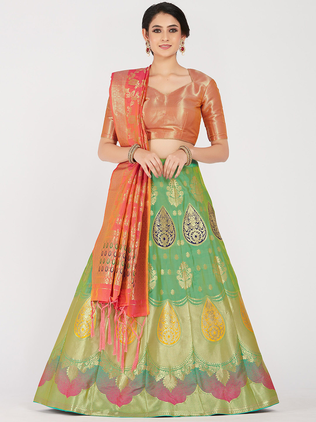 

MIMOSA Women Green & Orange Zari Woven Design Semi-Stitched Lehenga & Unstitched Choli with Dupatta