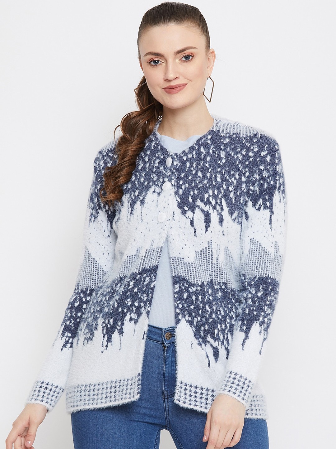

Zigo Women Blue & White Self Design Cardigan