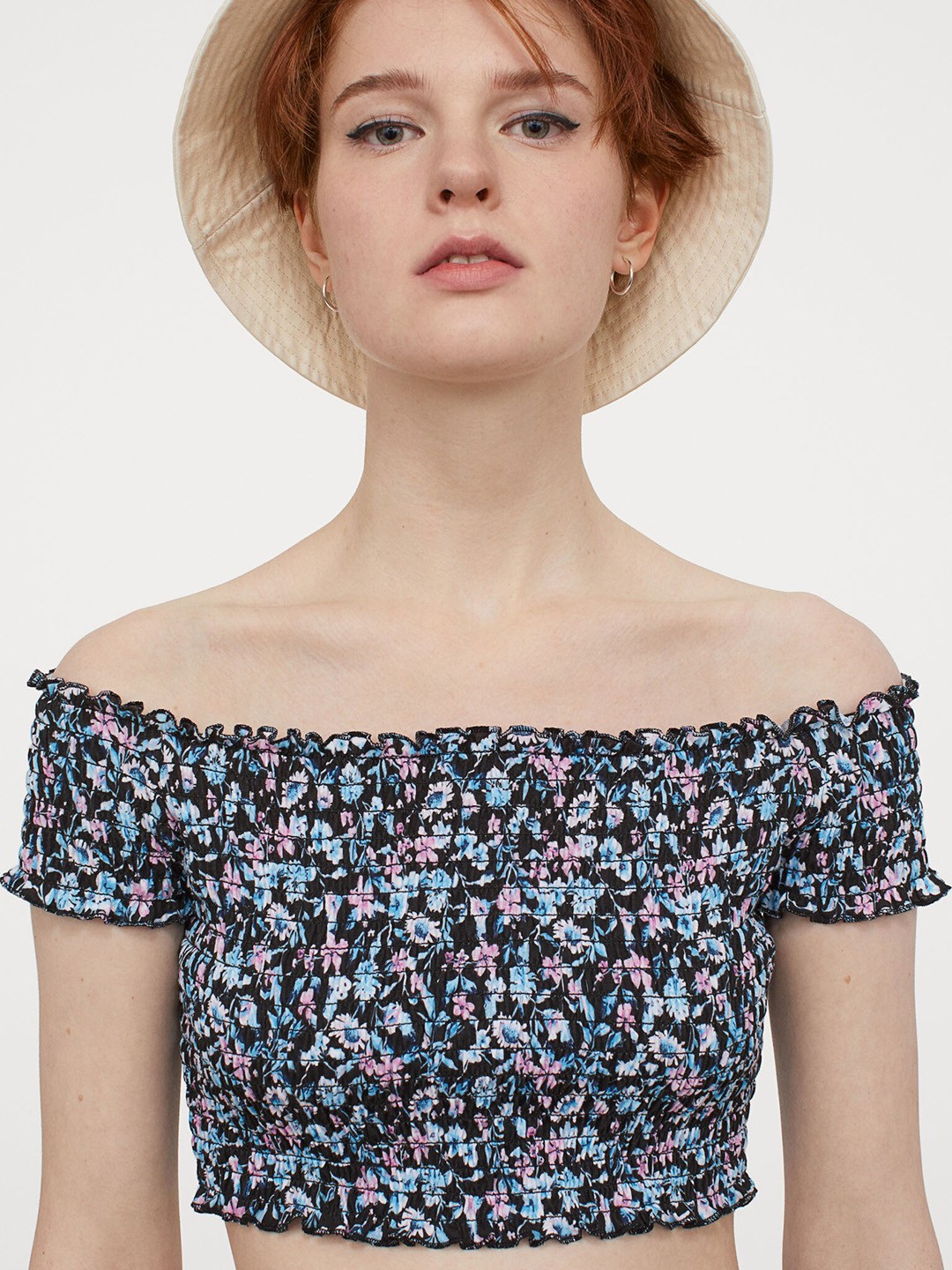 

H&M Women Multicolored Floral Print Cropped off-the-shoulder Pure Cotton Top, Multi