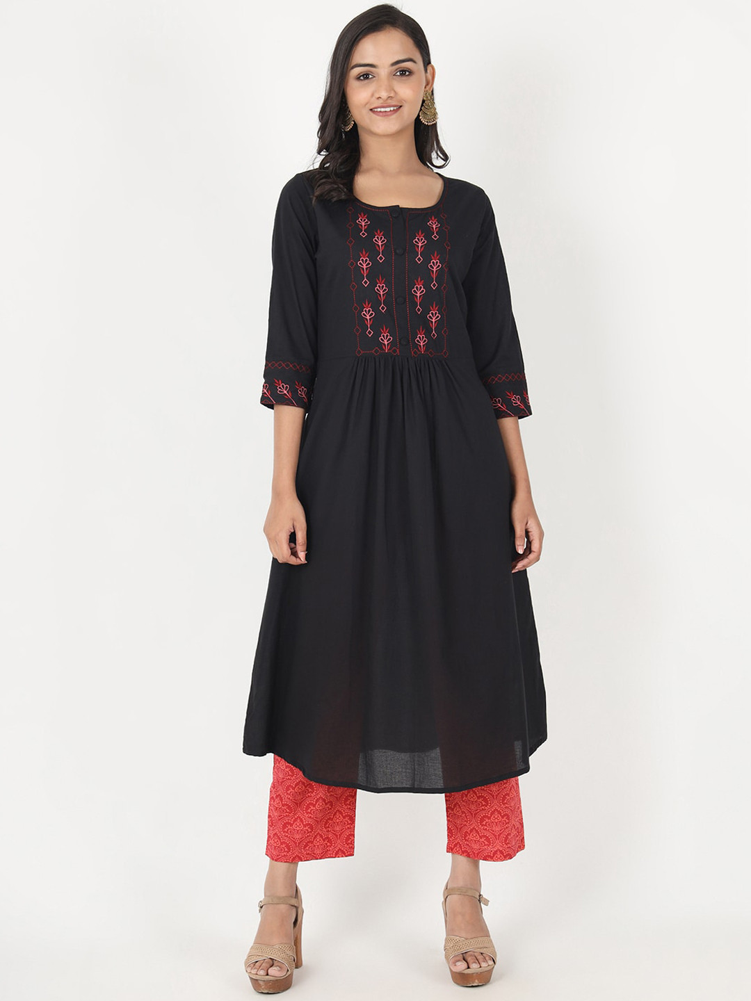 

Vbuyz Women Black & Red Embroidered Kurta with Trousers & Dupatta