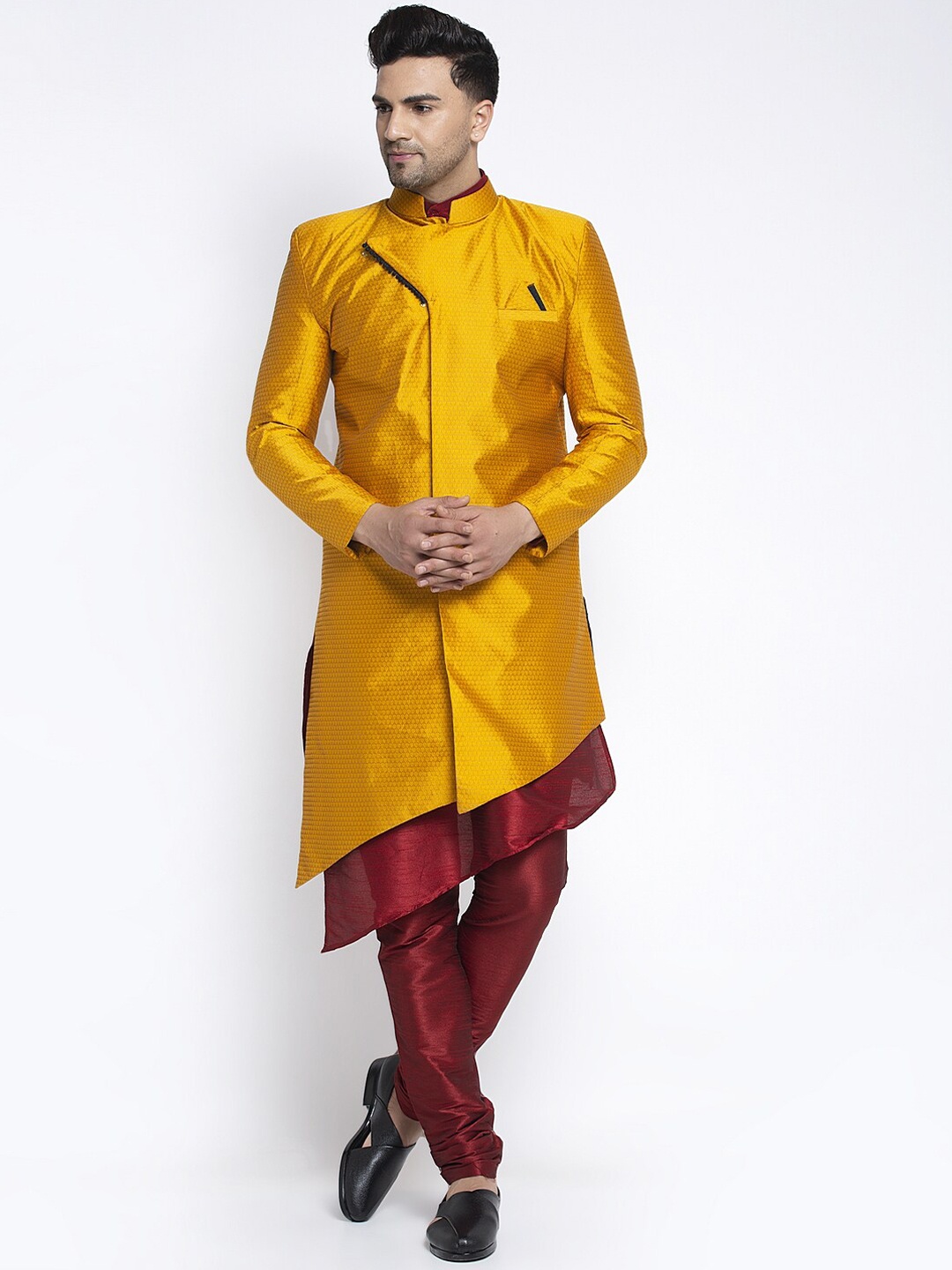 

Benstoke Men Mustard-Yellow & Maroon Self Design Sherwani Set