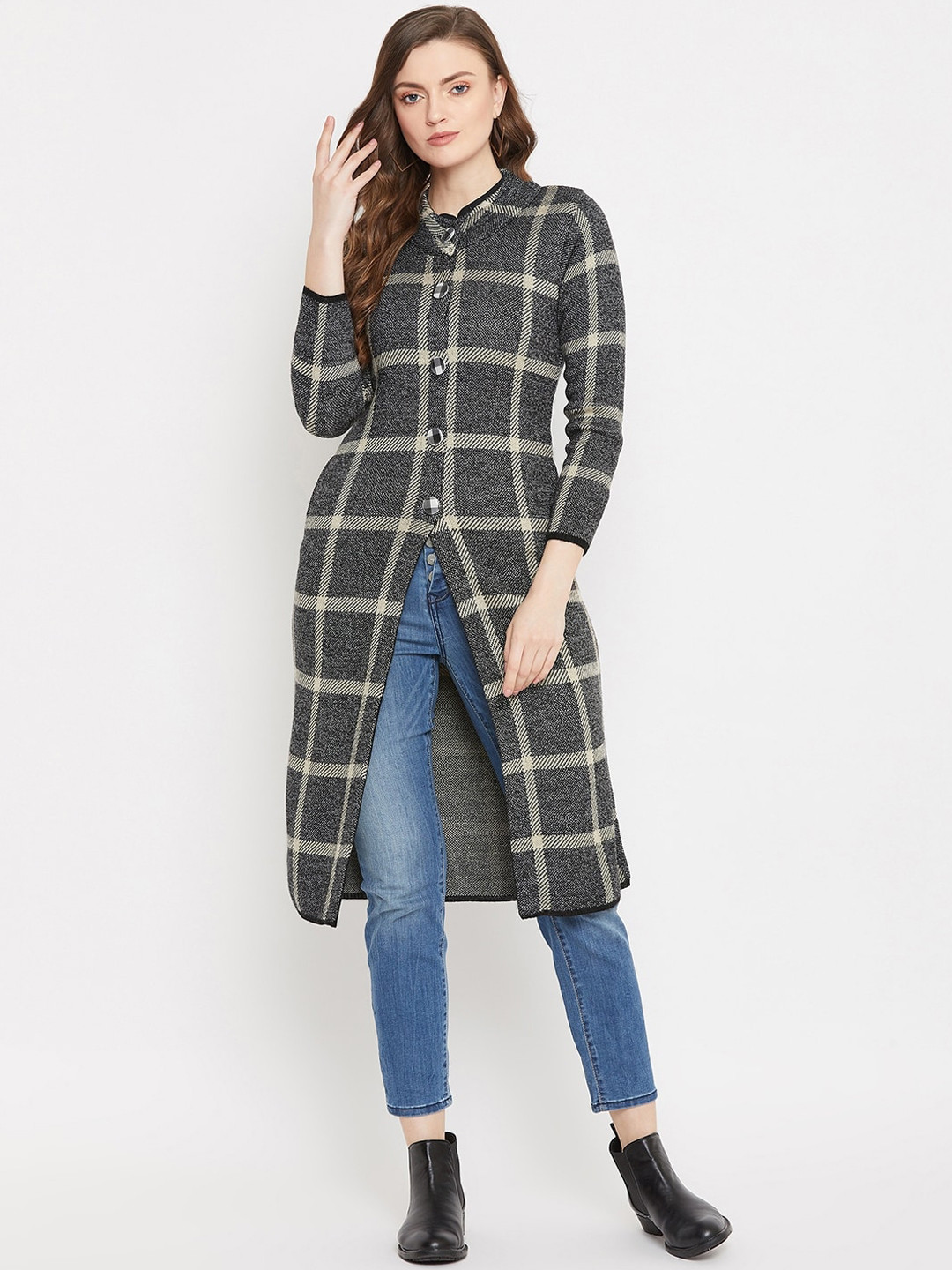 

Zigo Women Charcoal Grey & Beige Checked Longline Knitted Cardigan