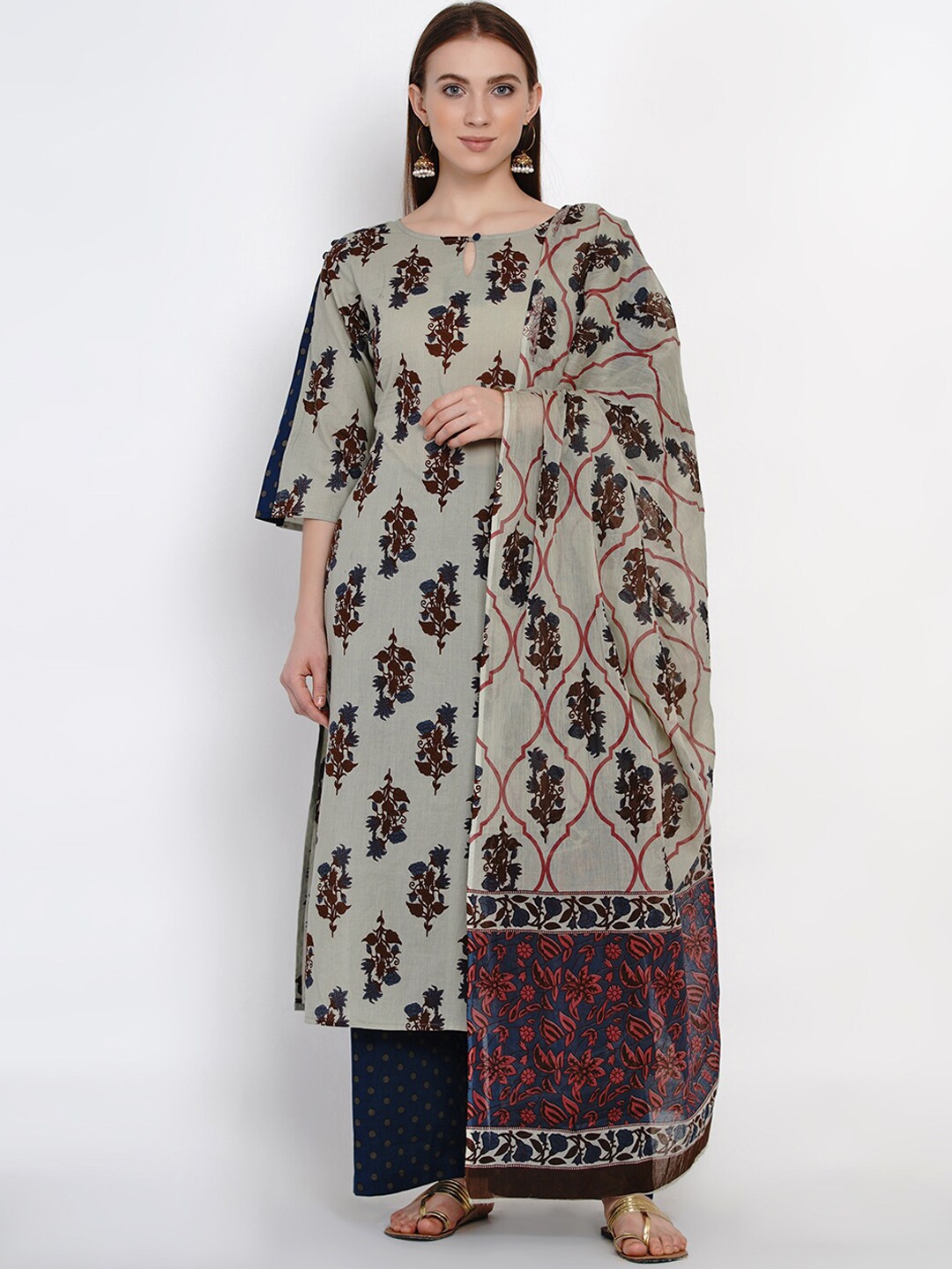 

Yuris Women Grey & Blue Printed Kurta with Palazzos & Dupatta