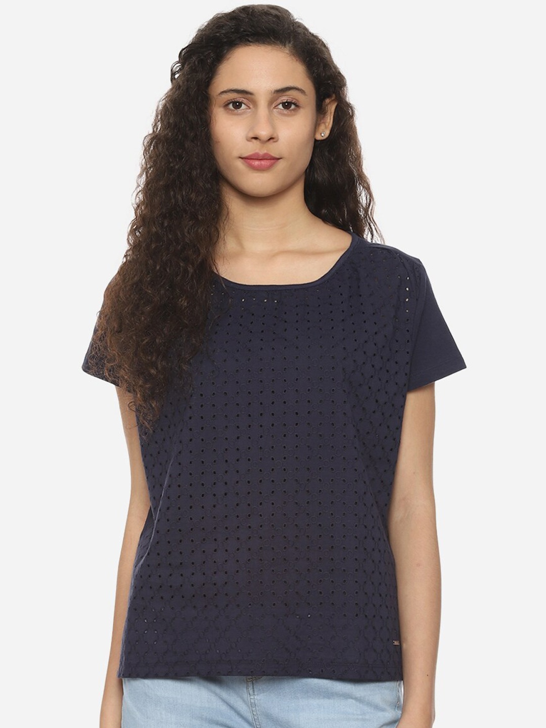 

Van Heusen Woman Women Navy Blue Schiffli Embroidered Top