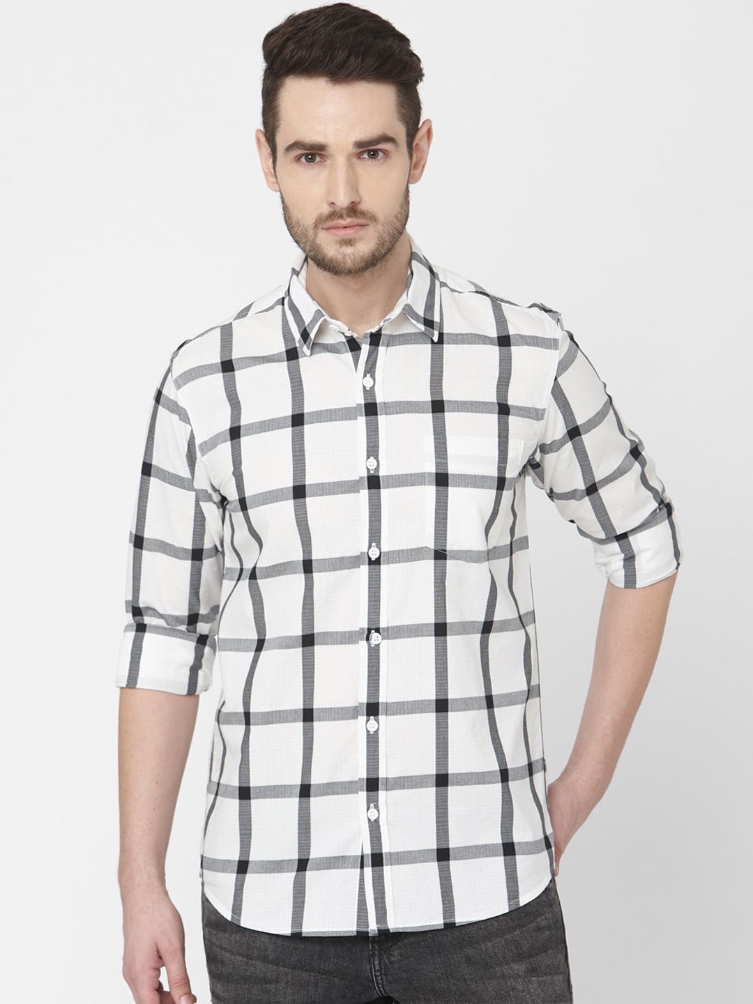 

Mufti Men White & Black Slim Fit Checked Casual Shirt