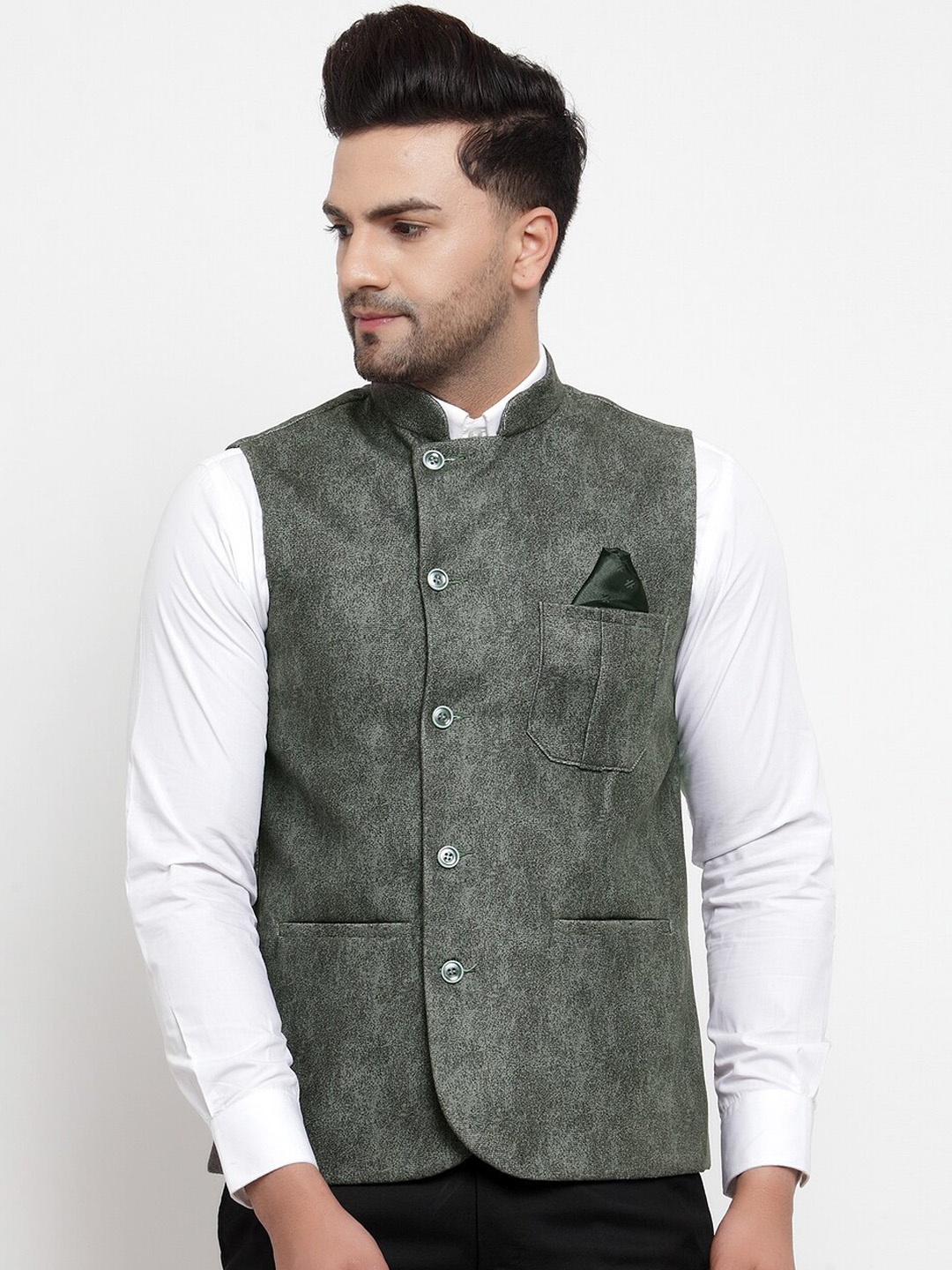 

KLOTTHE Men Olive Green Solid Woven Nehru Jacket