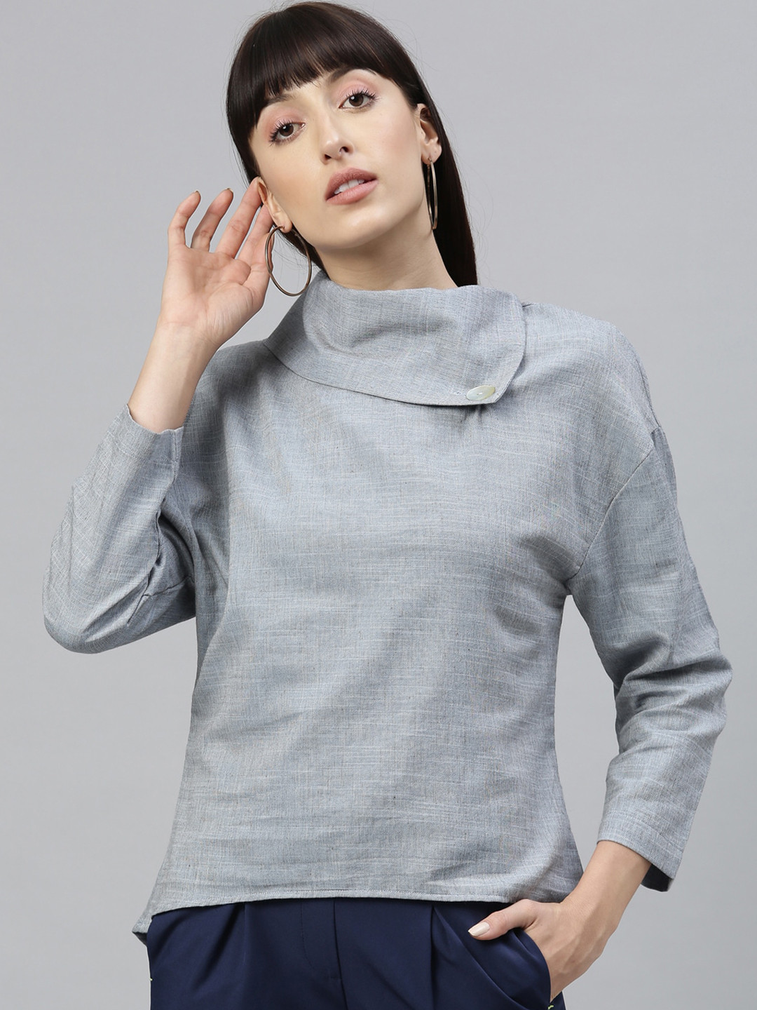 

RAREISM Women Blue Solid Pure Cotton Top