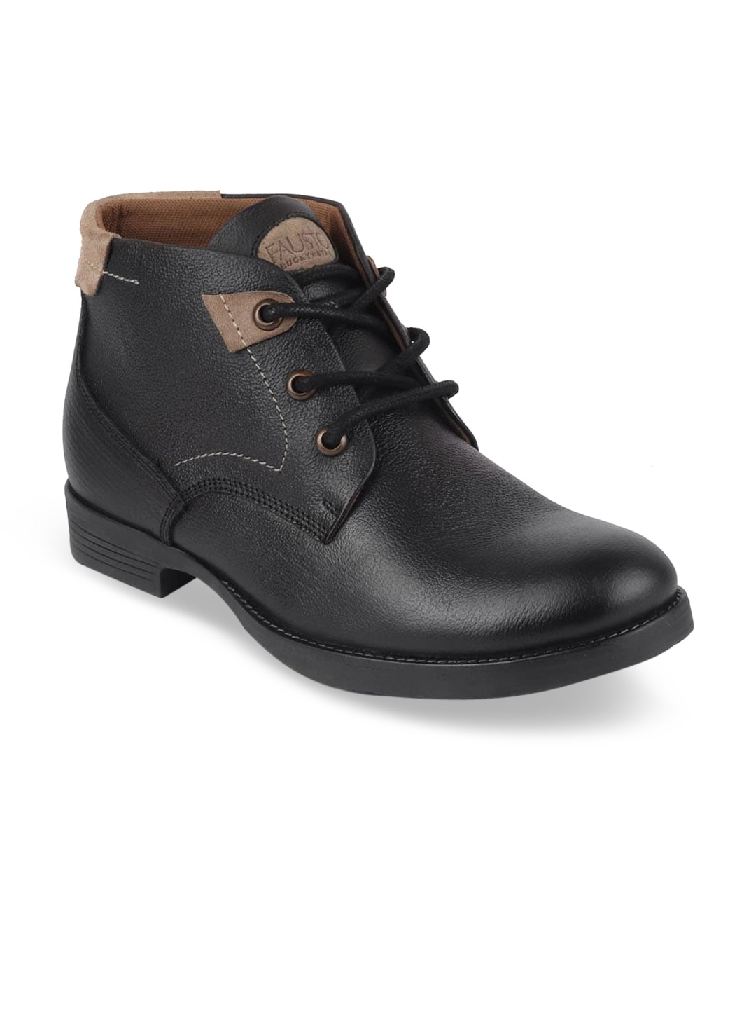 

FAUSTO Men Black Solid Leather Mid-Top Flat Boots