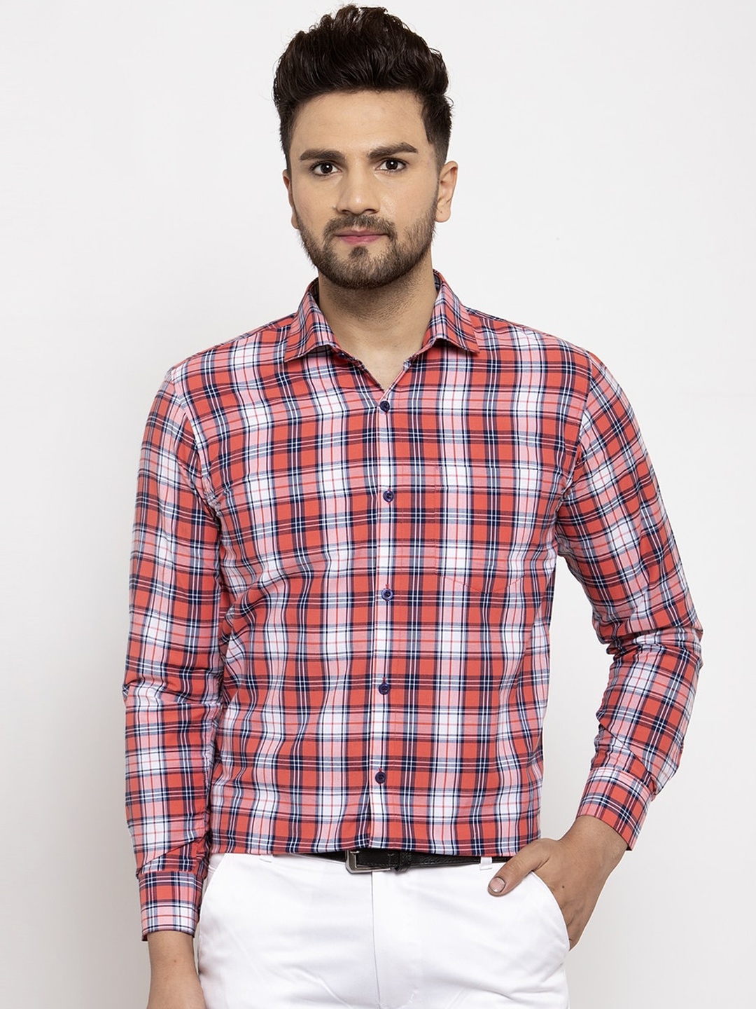 

JAINISH Men Red & Off-White Regular Fit Checked Formal Shirt