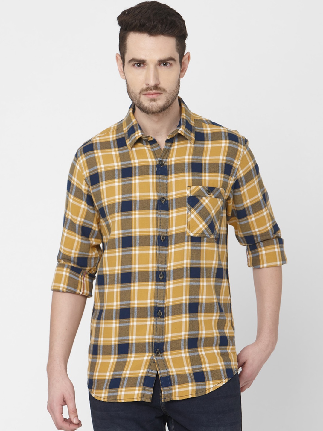 

Mufti Men Yellow & Navy Blue Slim Fit Checked Casual Shirt