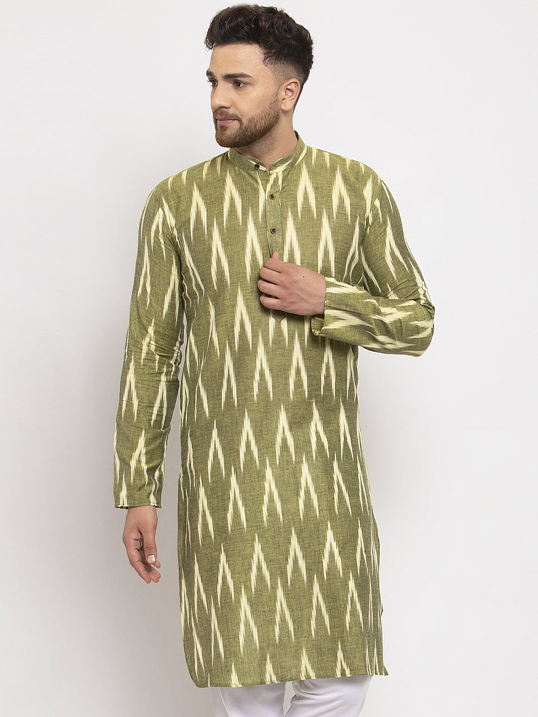 

Jompers Men Green Woven Design Straight Kurta