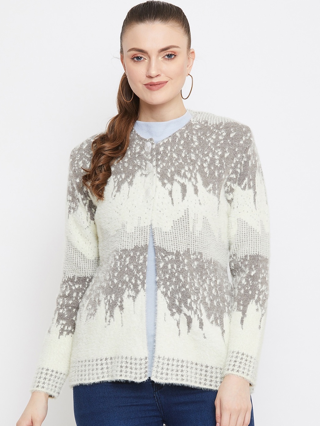 

Zigo Women White & Grey Self-Design Cardigan