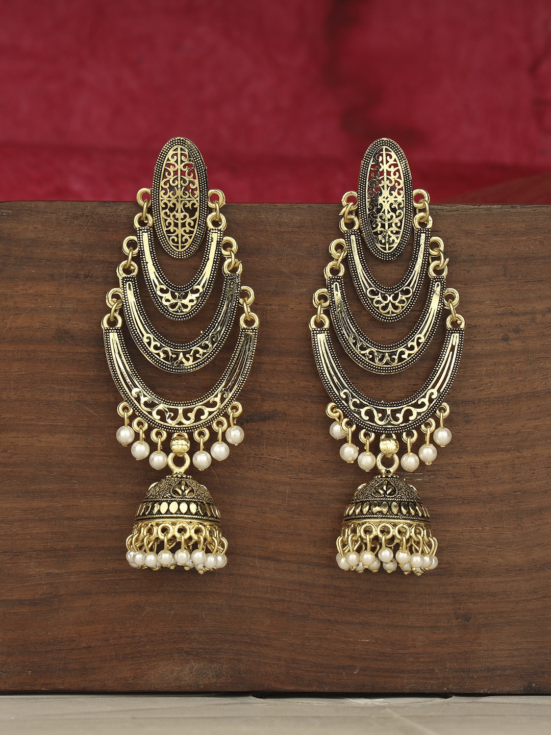 

ANIKAS CREATION Gold-Plated Oxidised Contemporary Jhumkas