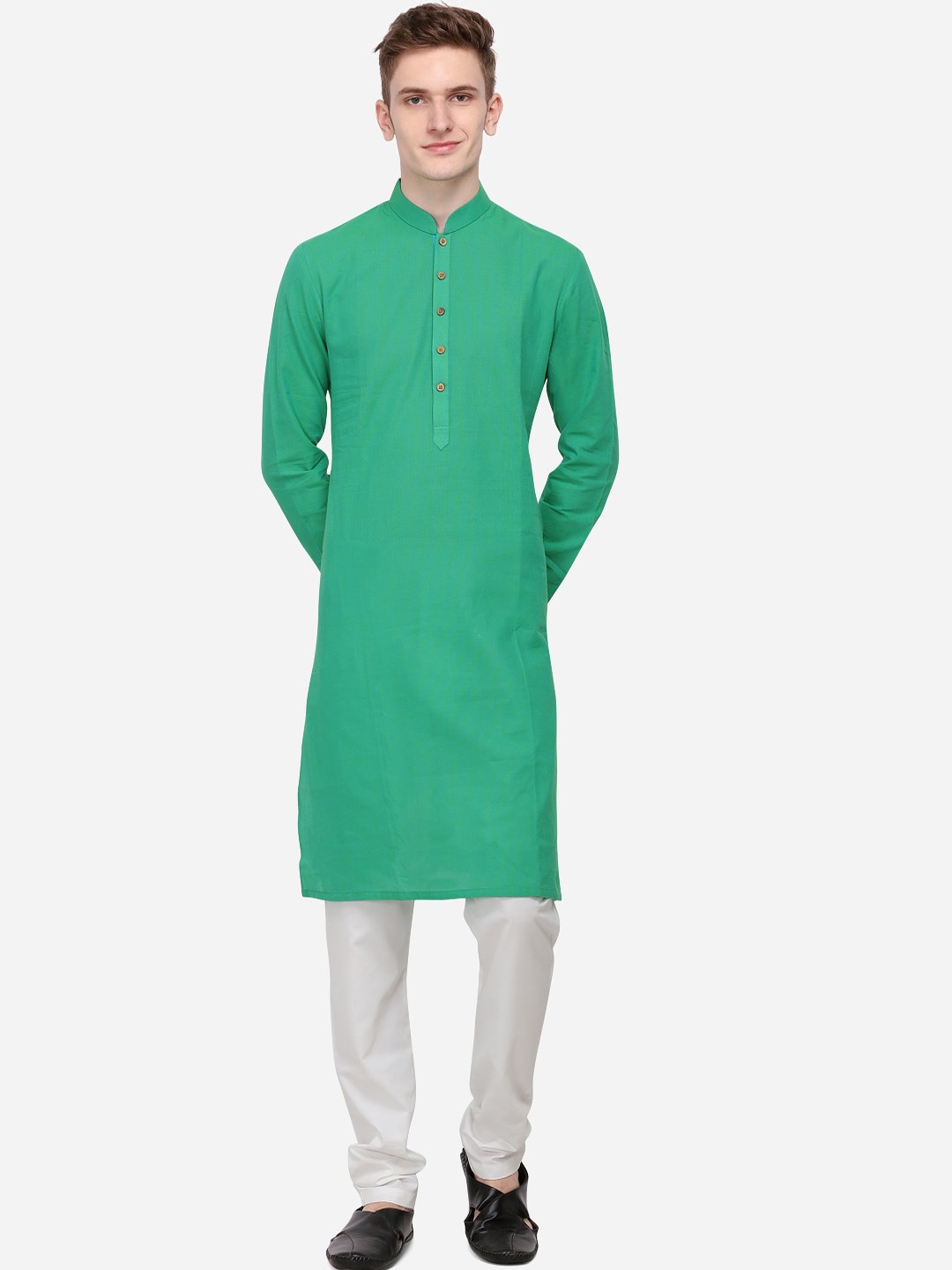 

azania Men Green Striped Straight Kurta