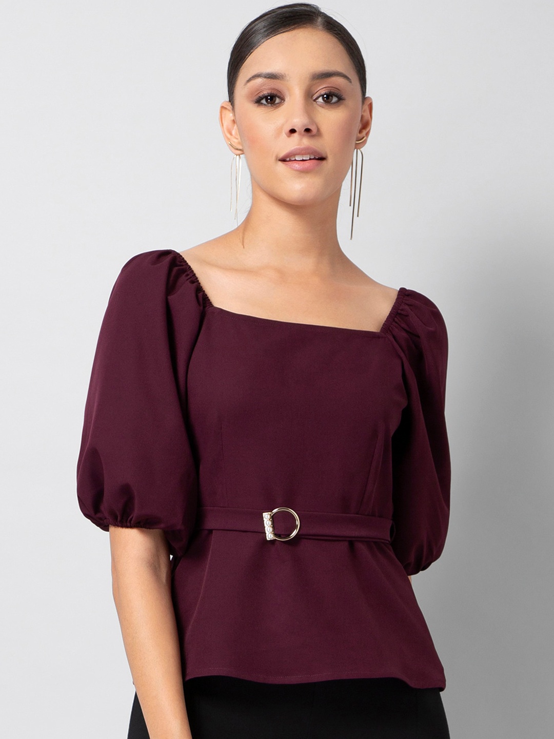 

FabAlley Women Purple Solid Cinched Waist Top