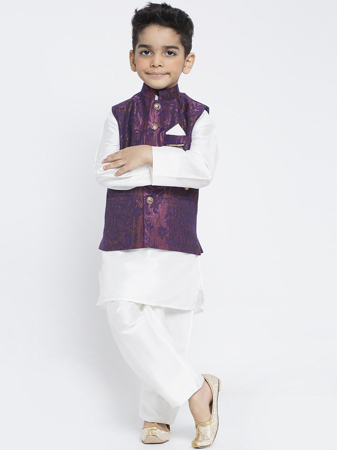 

MAXENCE Boys Off-White Solid Kurta with Trousers and Jacket