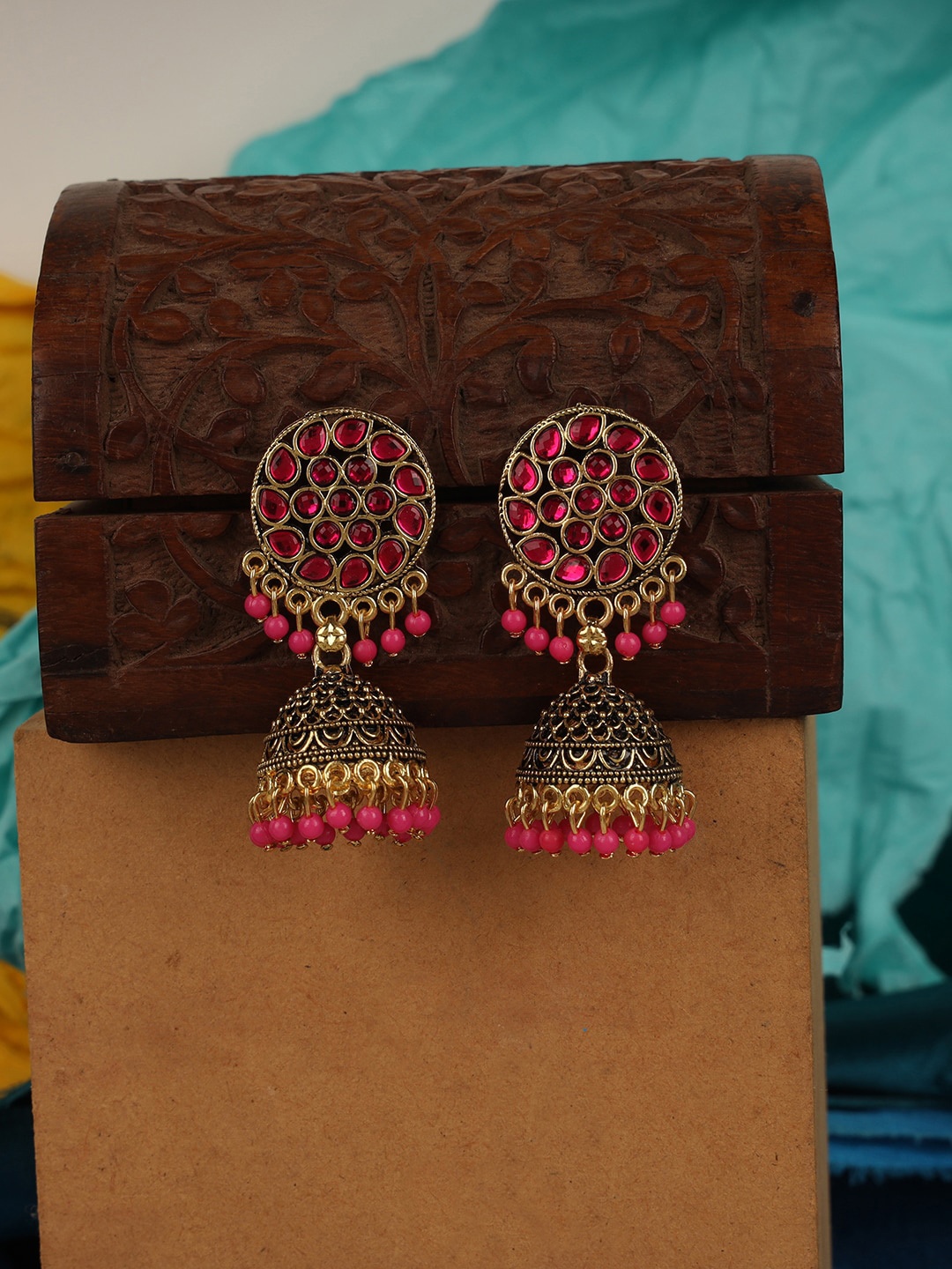 

ANIKAS CREATION Red Gold-Plated Dome Shaped Jhumkas