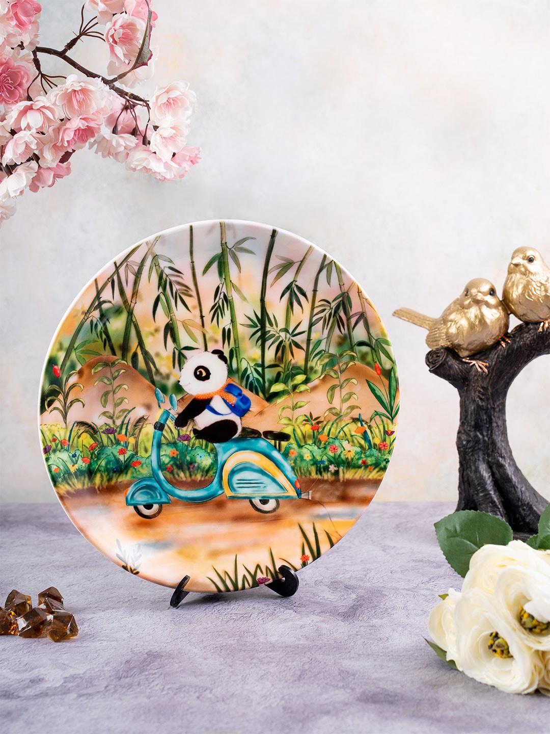 

KOLOROBIA Brown & Green Riding Panda Printed Decorative Wall Plate