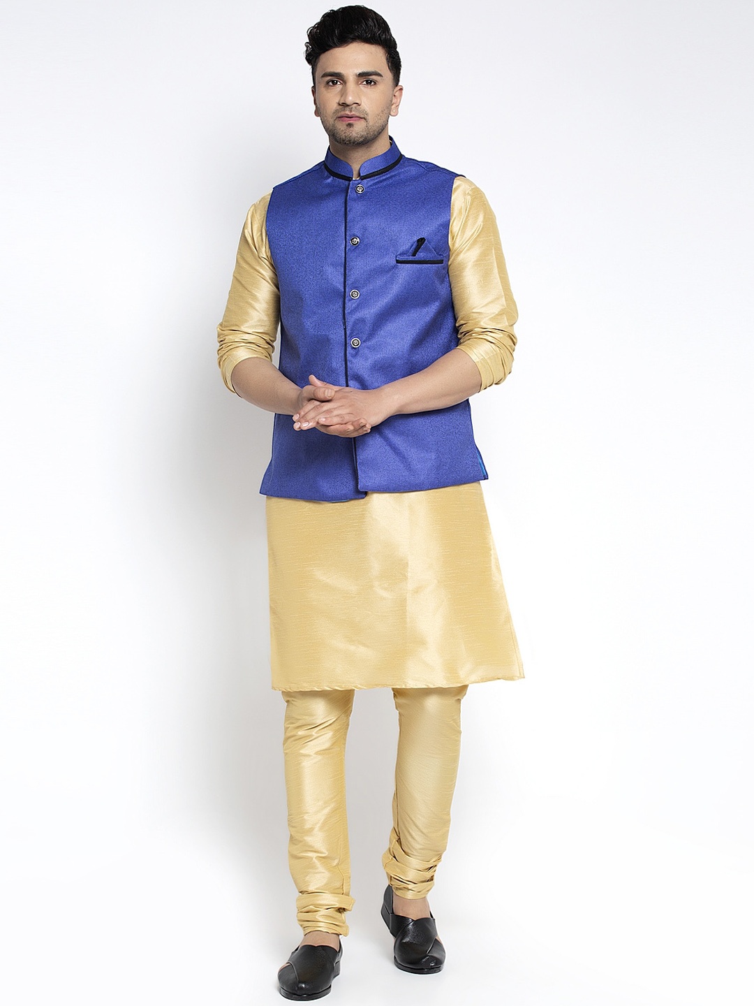 Benstoke Men Gold-Toned Solid Kurta with Churidar and Nehru Jacket