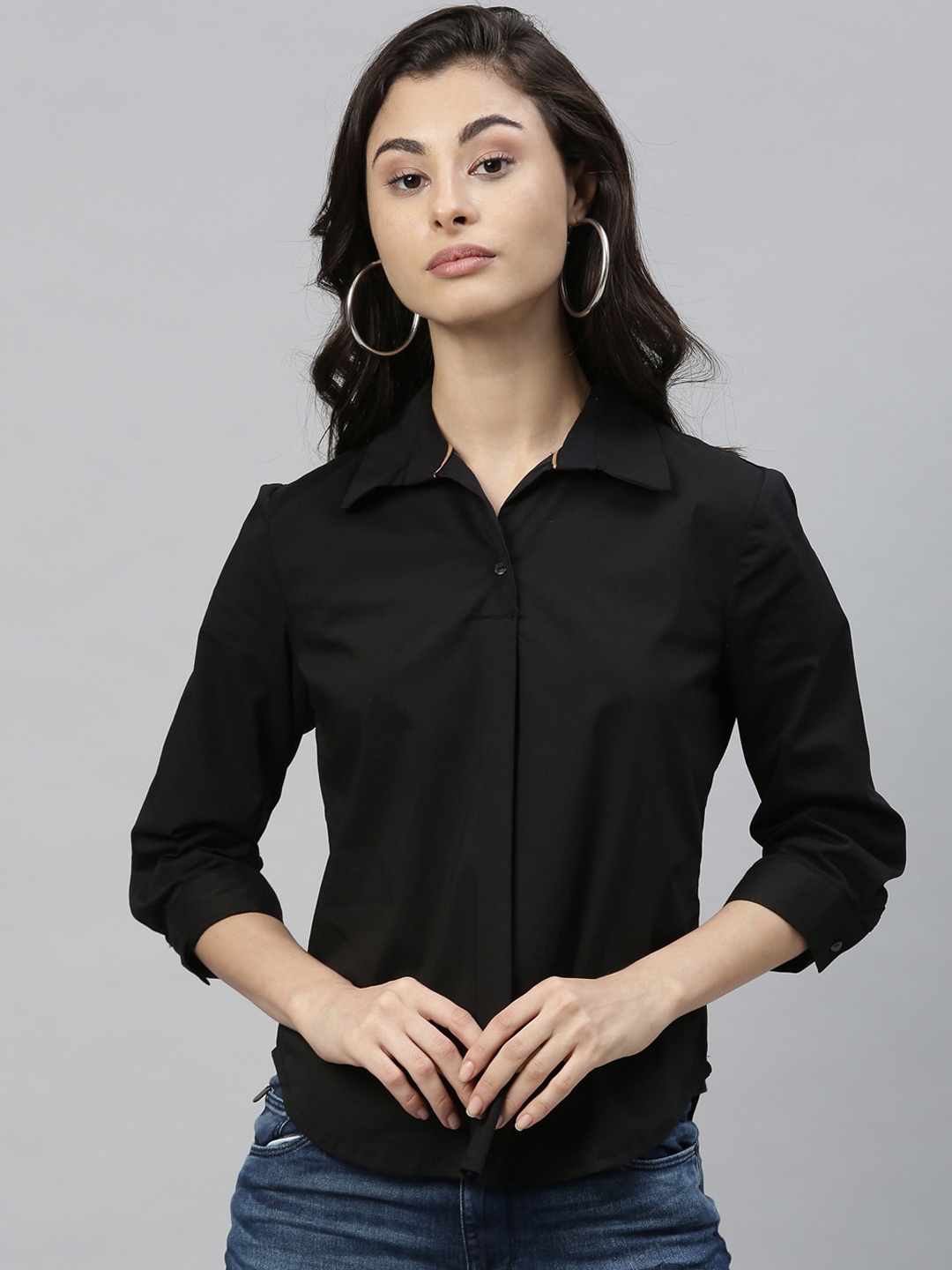

RAREISM Women Black Solid Shirt Style Pure Cotton Top