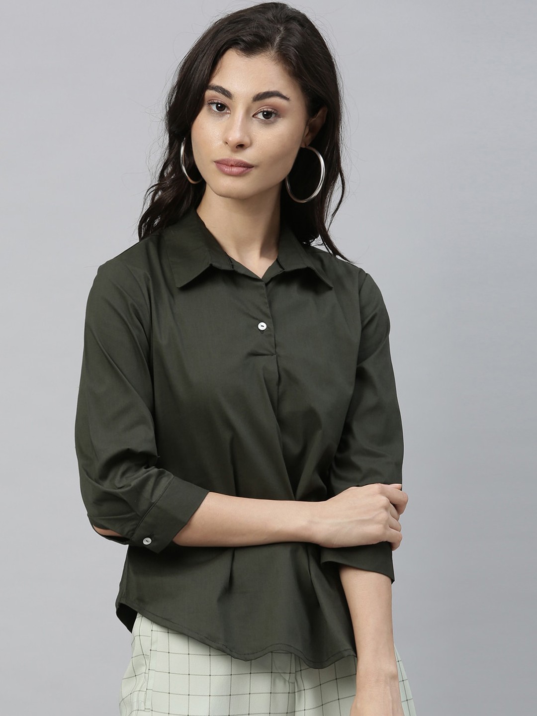 

RAREISM Women Olive Green Solid Shirt Style Pure Cotton Top