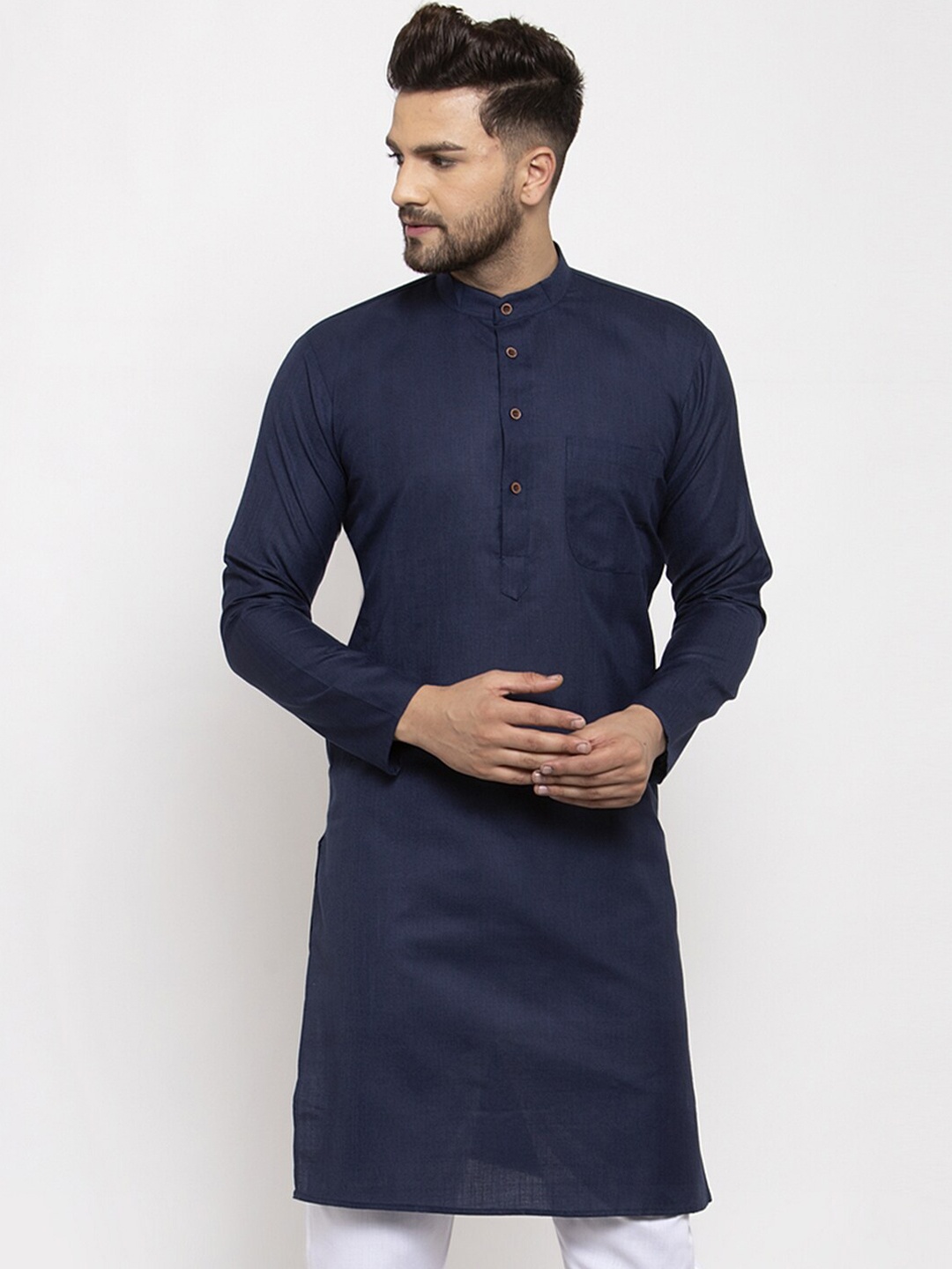 Jompers Men Navy Blue Solid Straight Kurta