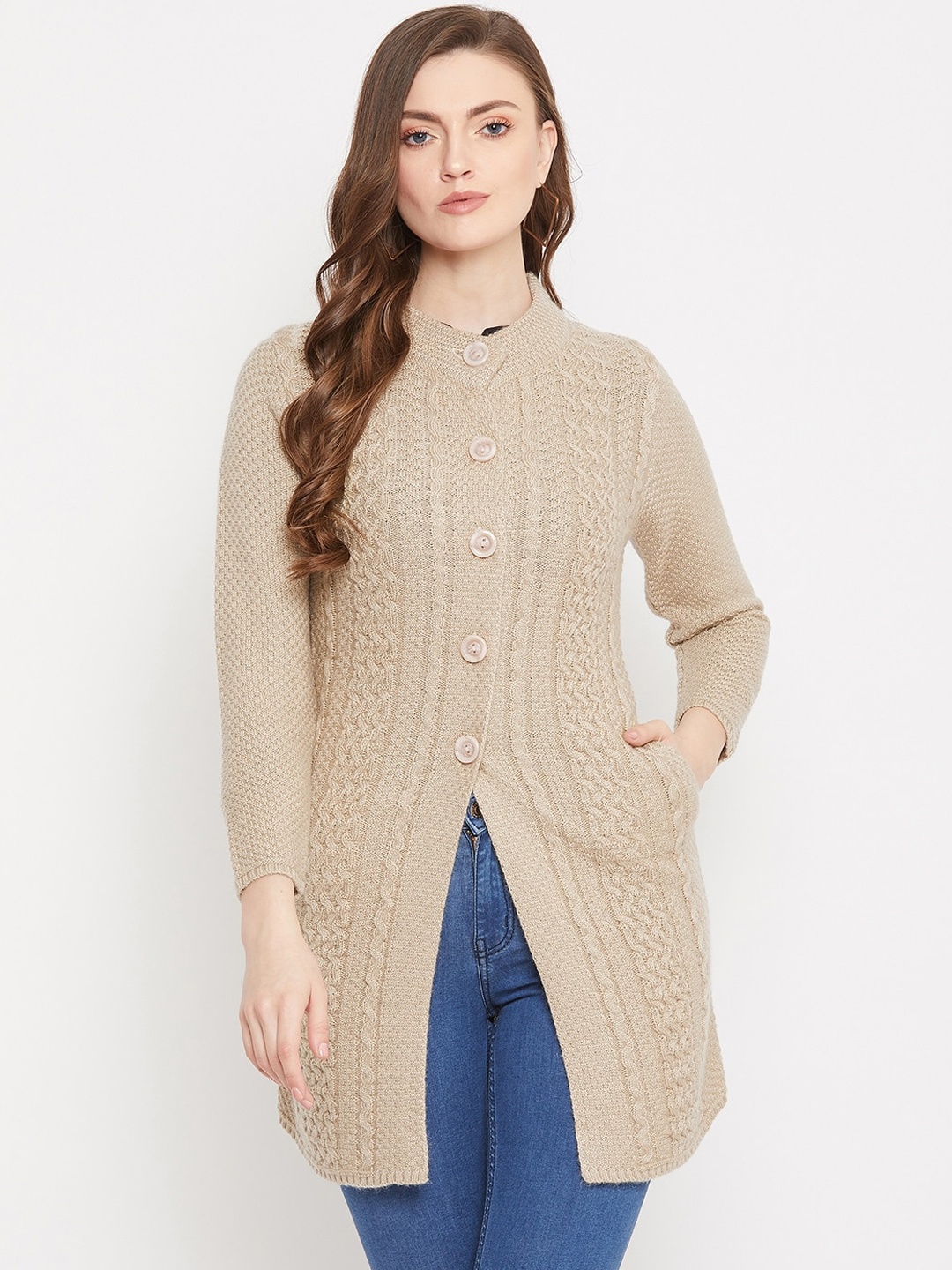 

Zigo Women Beige Self Design Longline Cardigan