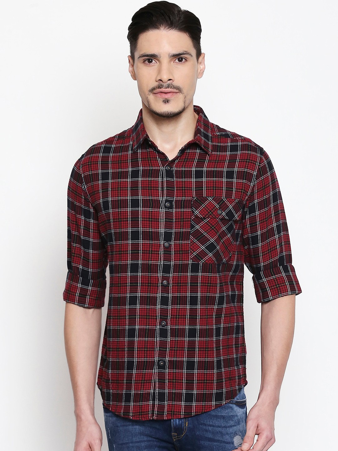 

Mufti Men Maroon & Black Slim Fit Checked Casual Shirt
