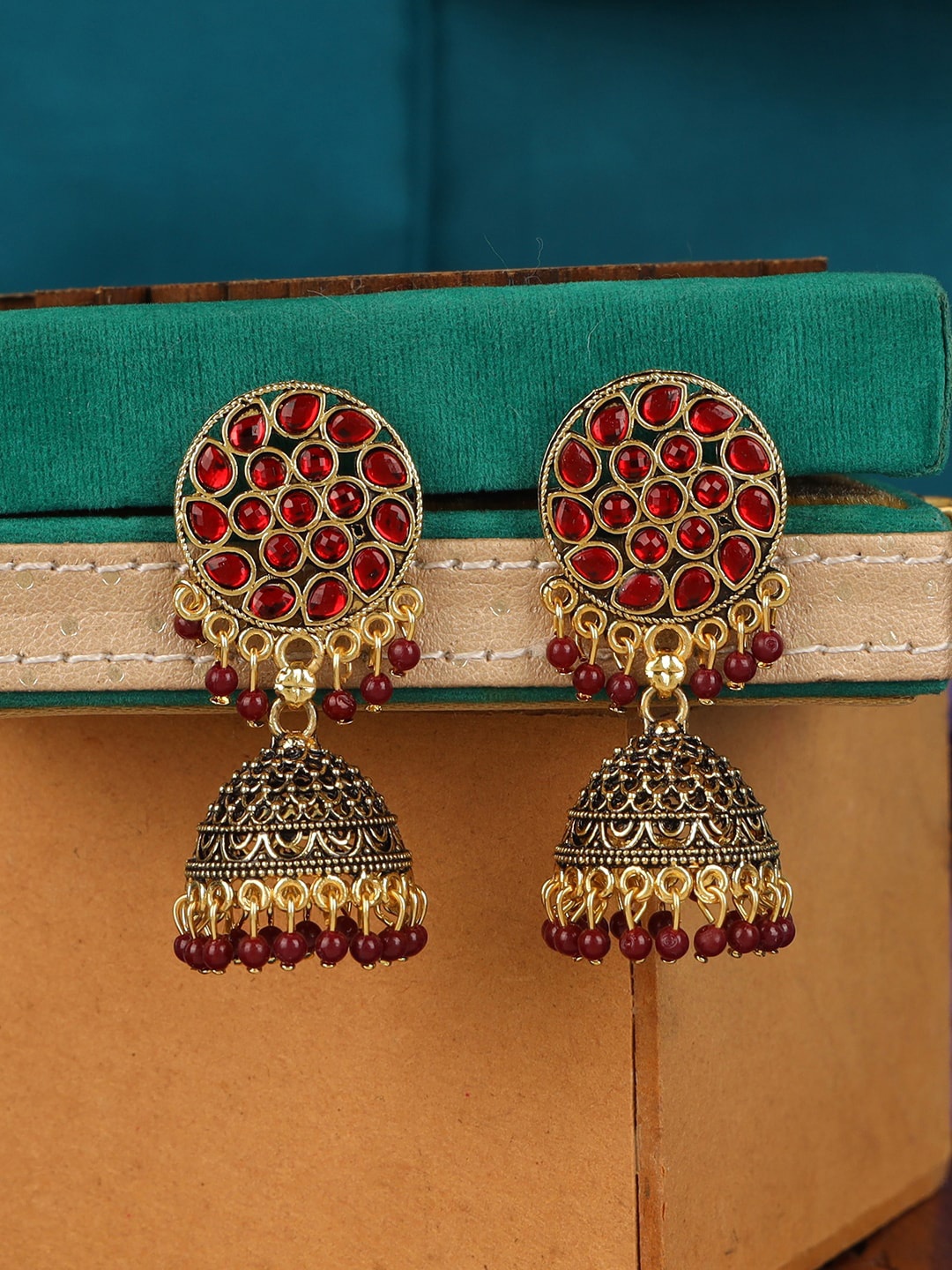 

ANIKAS CREATION Maroon Gold-Plated Dome Shaped Jhumkas