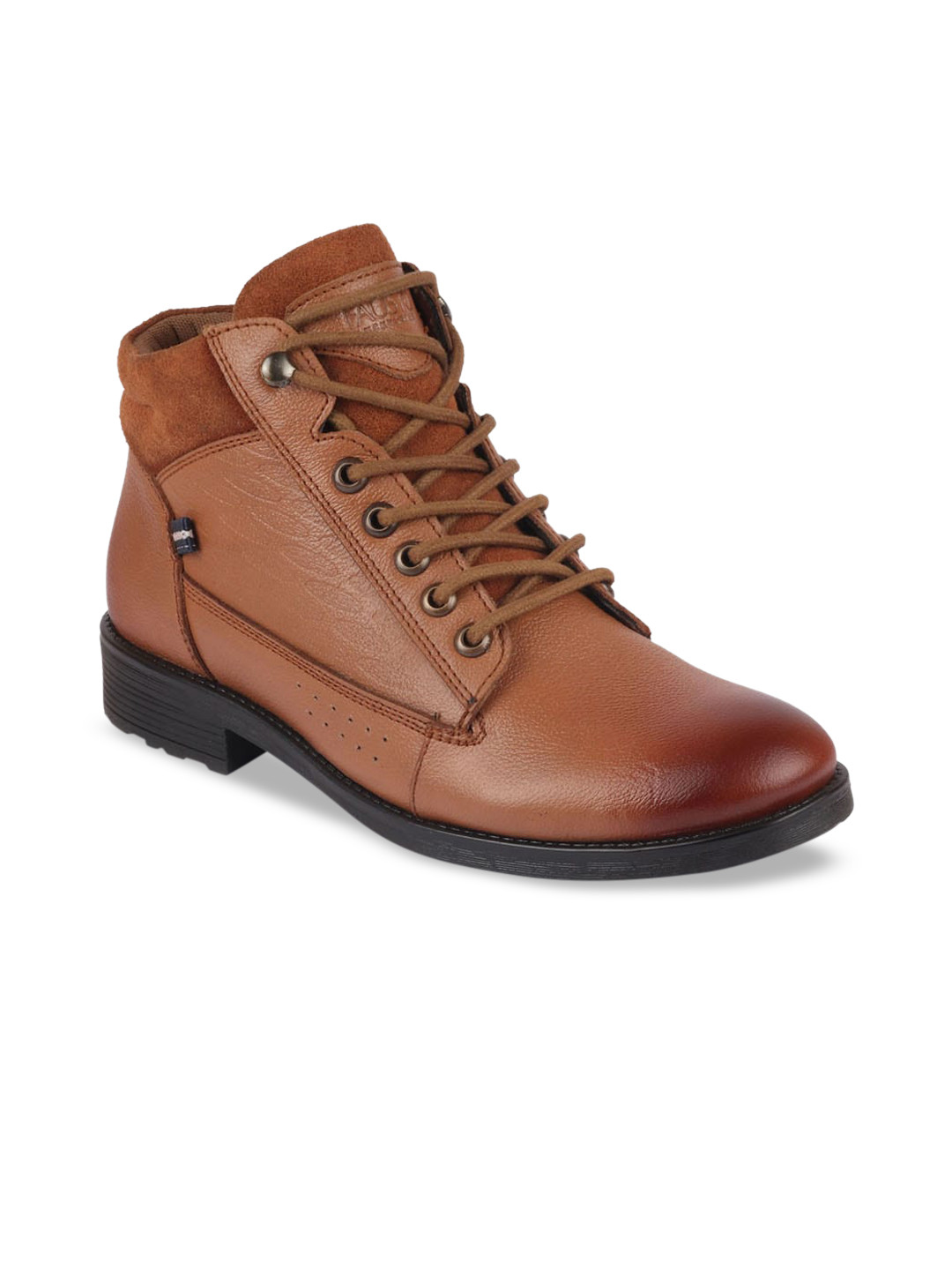 

FAUSTO Men Tan Brown Solid Leather Mid-Top Flat Boots