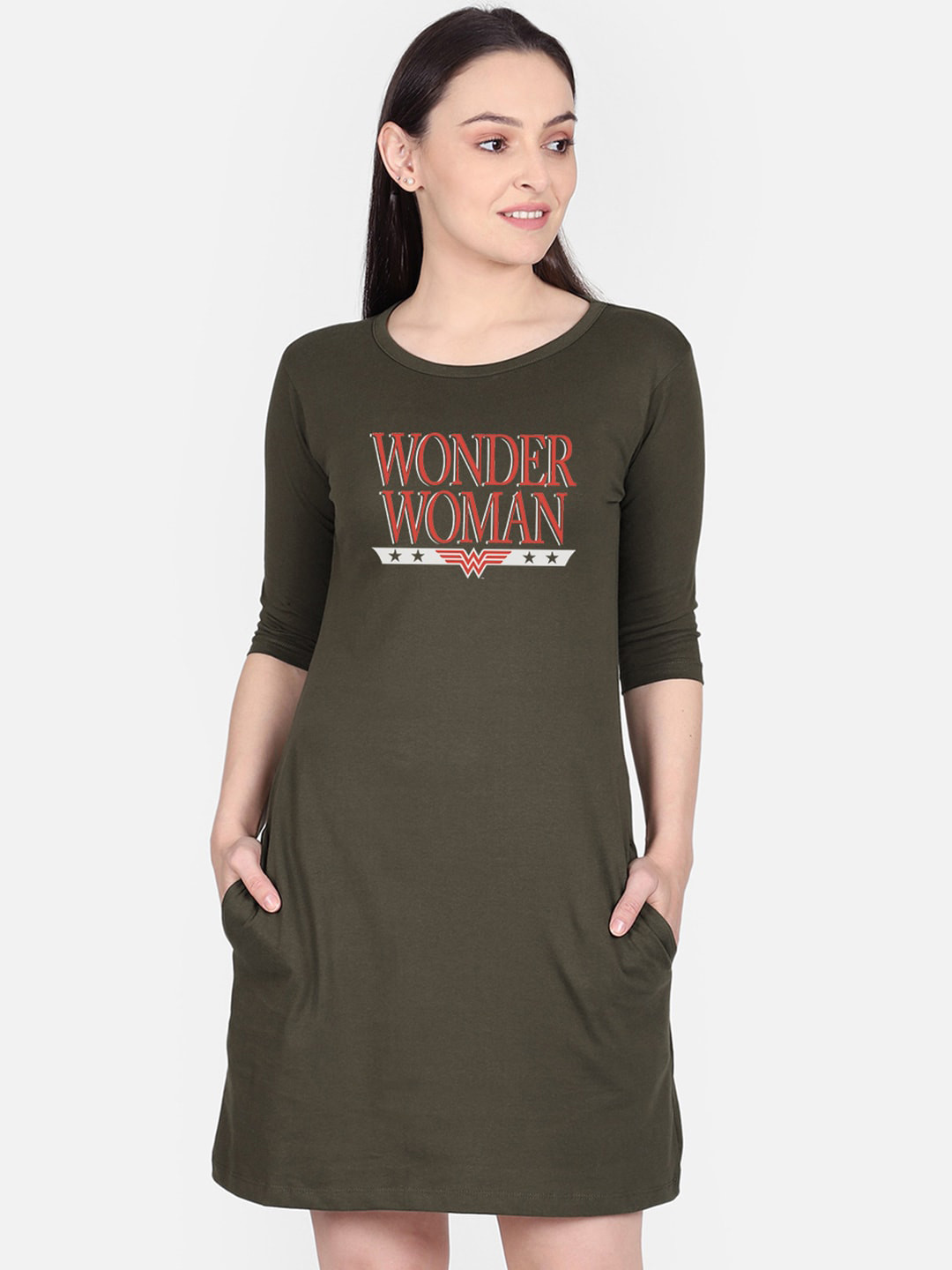 

Free Authority Olive Green Printed Wonder Woman T-shirt Dress