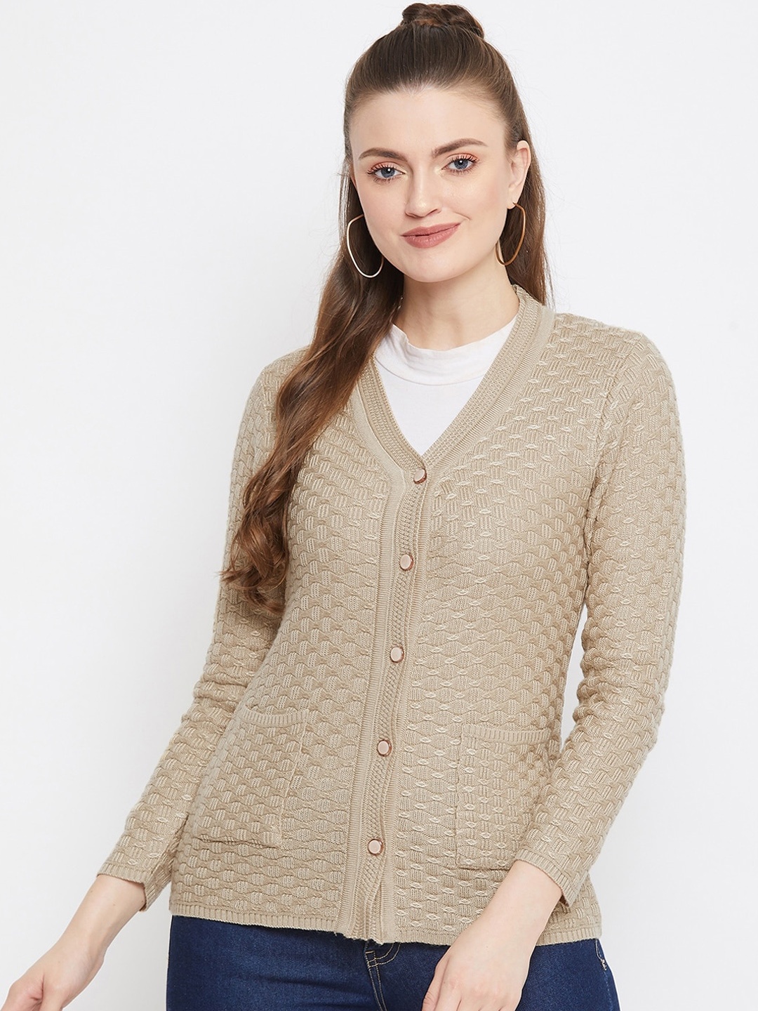 

Zigo Women Beige Self Design Knitted Cardigan