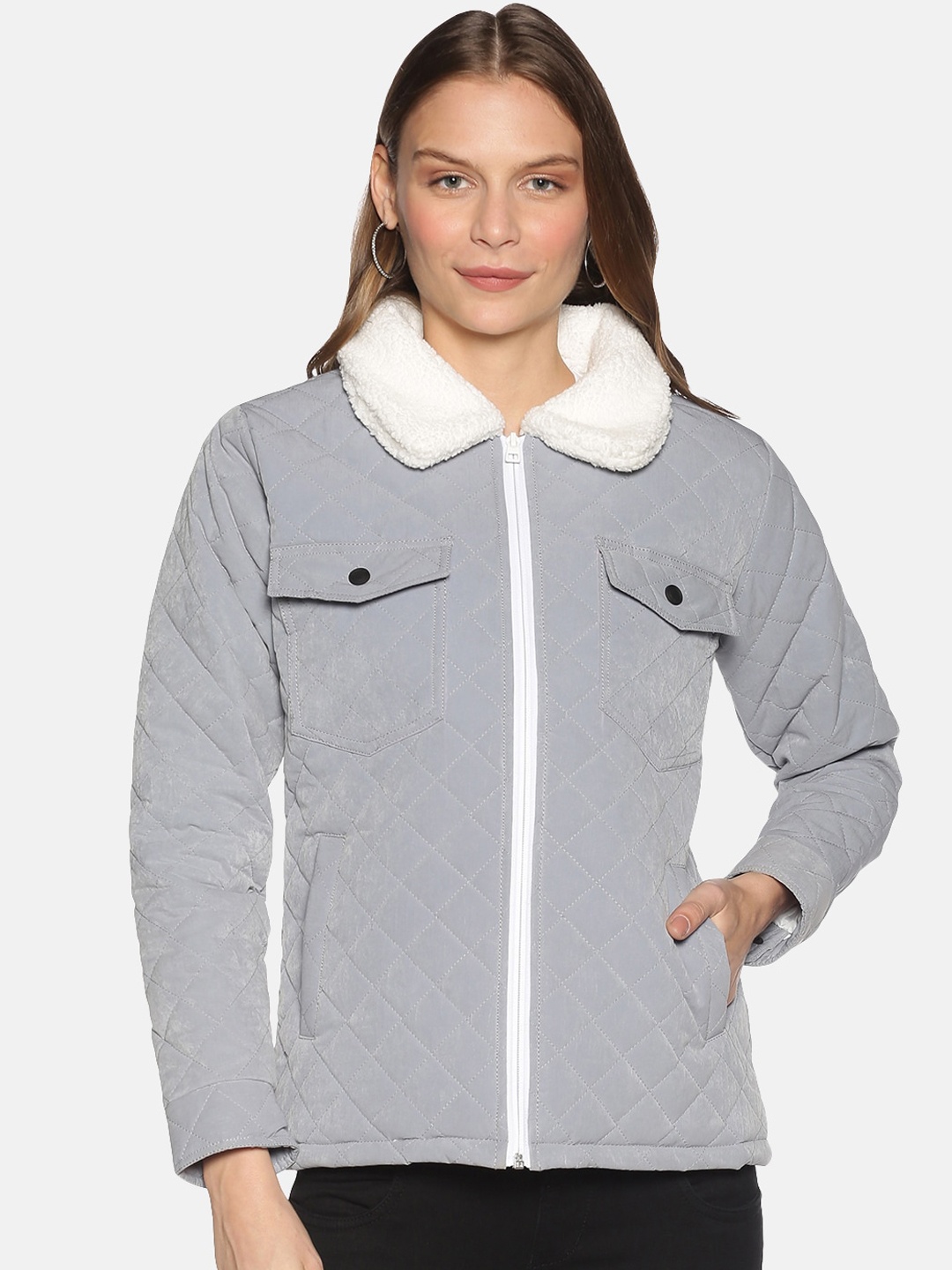 

Campus Sutra Women Grey Solid Windcheater Quilted Jacket