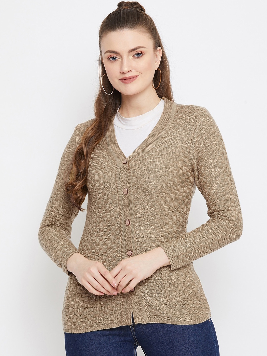 

Zigo Women Beige Self Design Cardigan