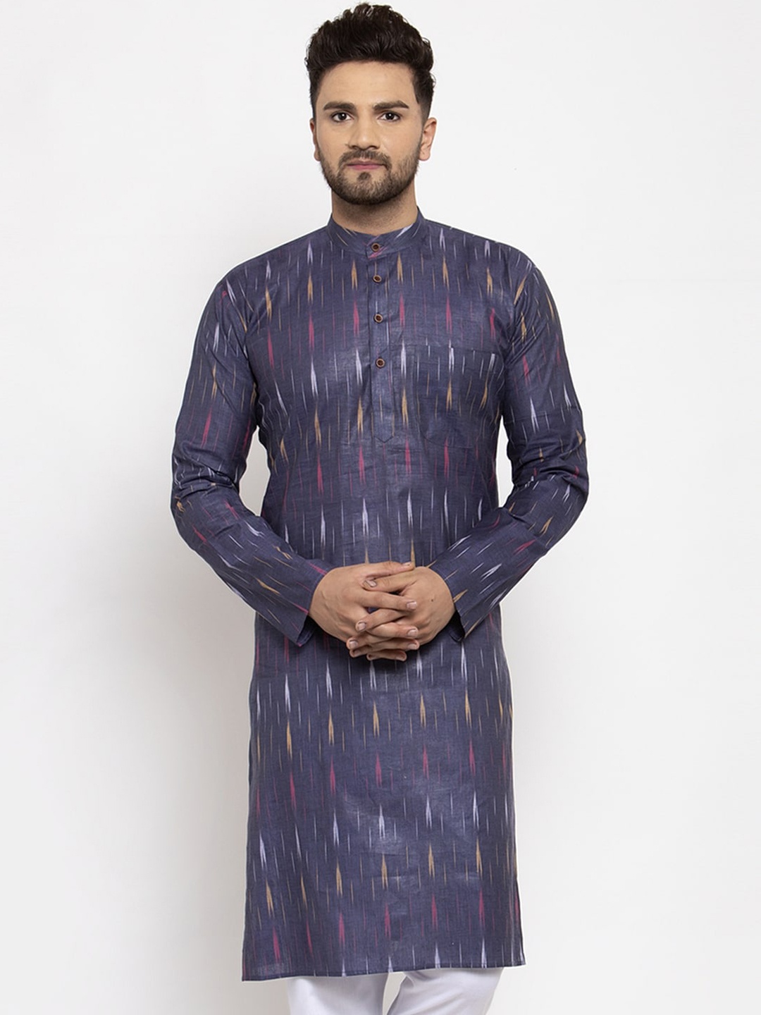 

Jompers Men Navy Blue Woven Design Straight Kurta