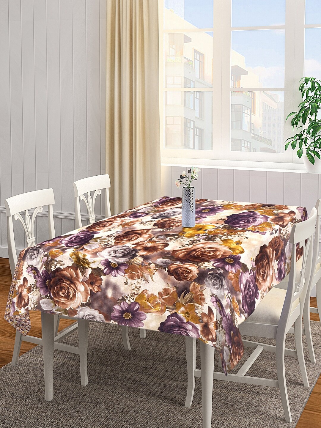 

KLOTTHE White & Brown Floral Print Square Table Cover