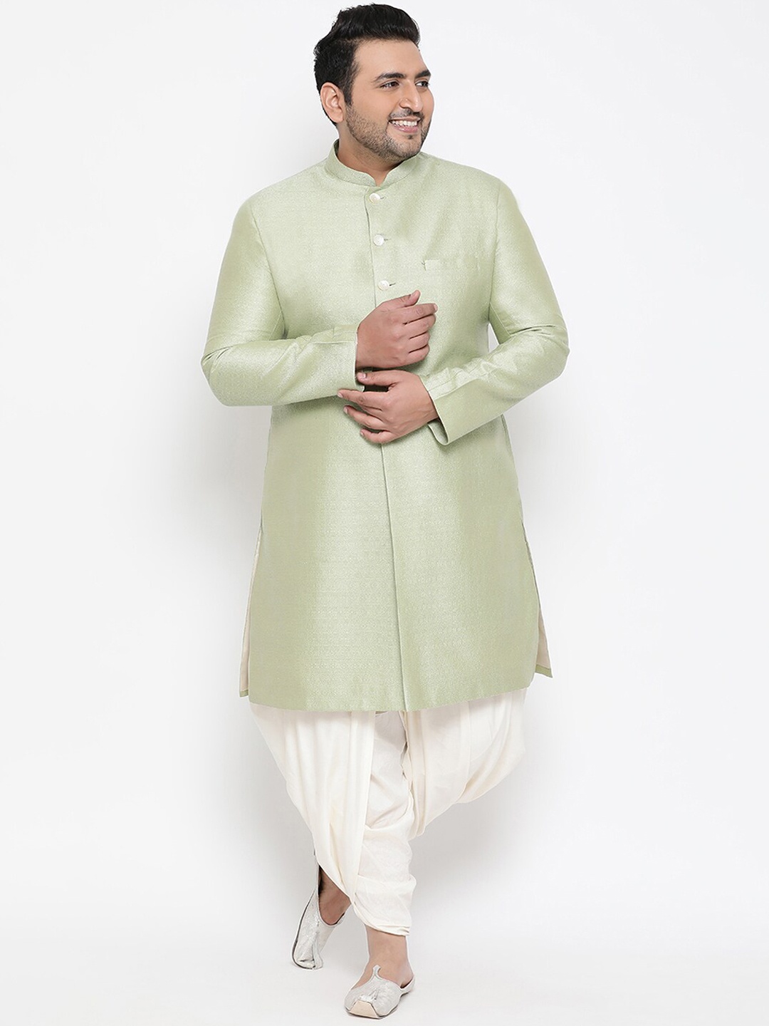 KISAH PLUS Men Green & White Woven Indowestern Sherwani With Dhoti Pants