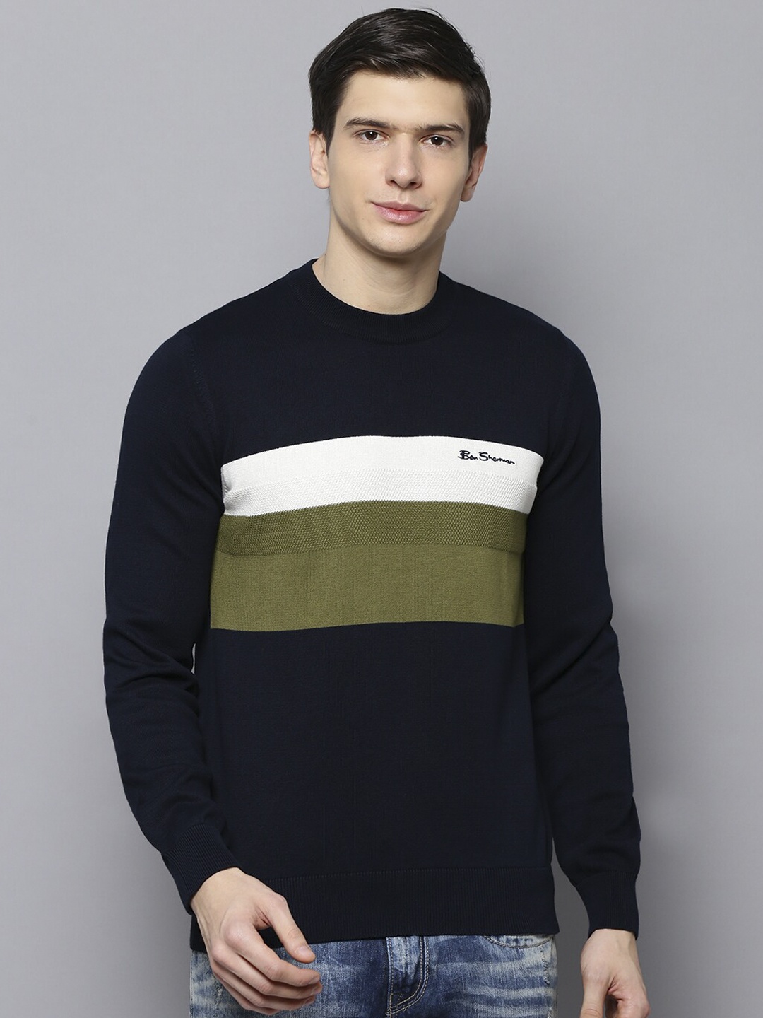 

BEN SHERMAN Men Blue & Green Colourblocked Pullover Sweater, Navy blue