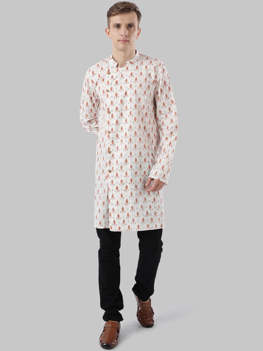 

Ethnix by Raymond Men Peach-Coloured Woven Design Straight Kurta
