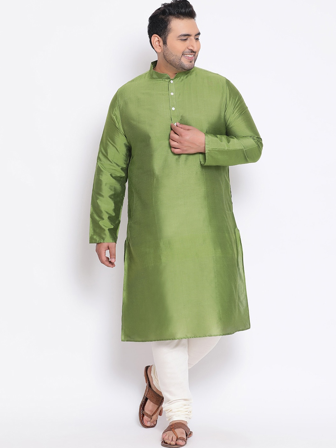 KISAH PLUS Men Green Solid Straight Kurta