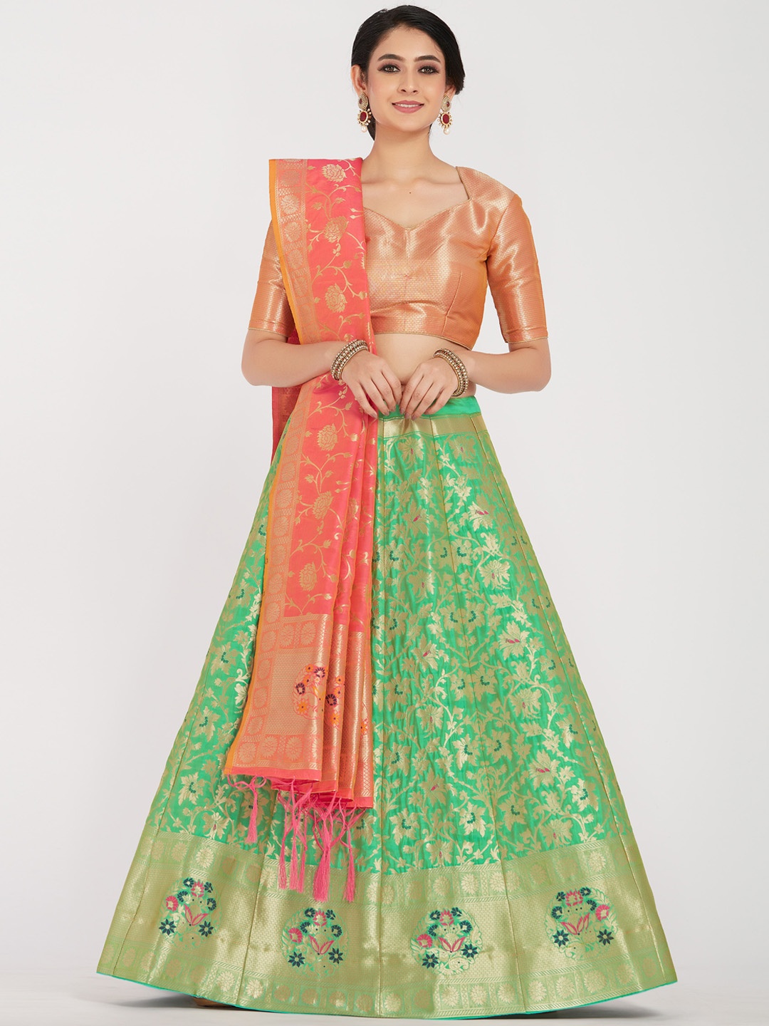 

MIMOSA Women Green & Coral-Red Woven-Design Semi-Stitched Lehenga & Unstitched Blouse with Dupatta