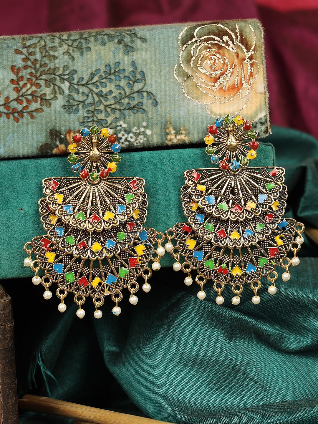 ANIKAS CREATION Multicoloured Gold-Plated Contemporary Drop Earrings, Multi
