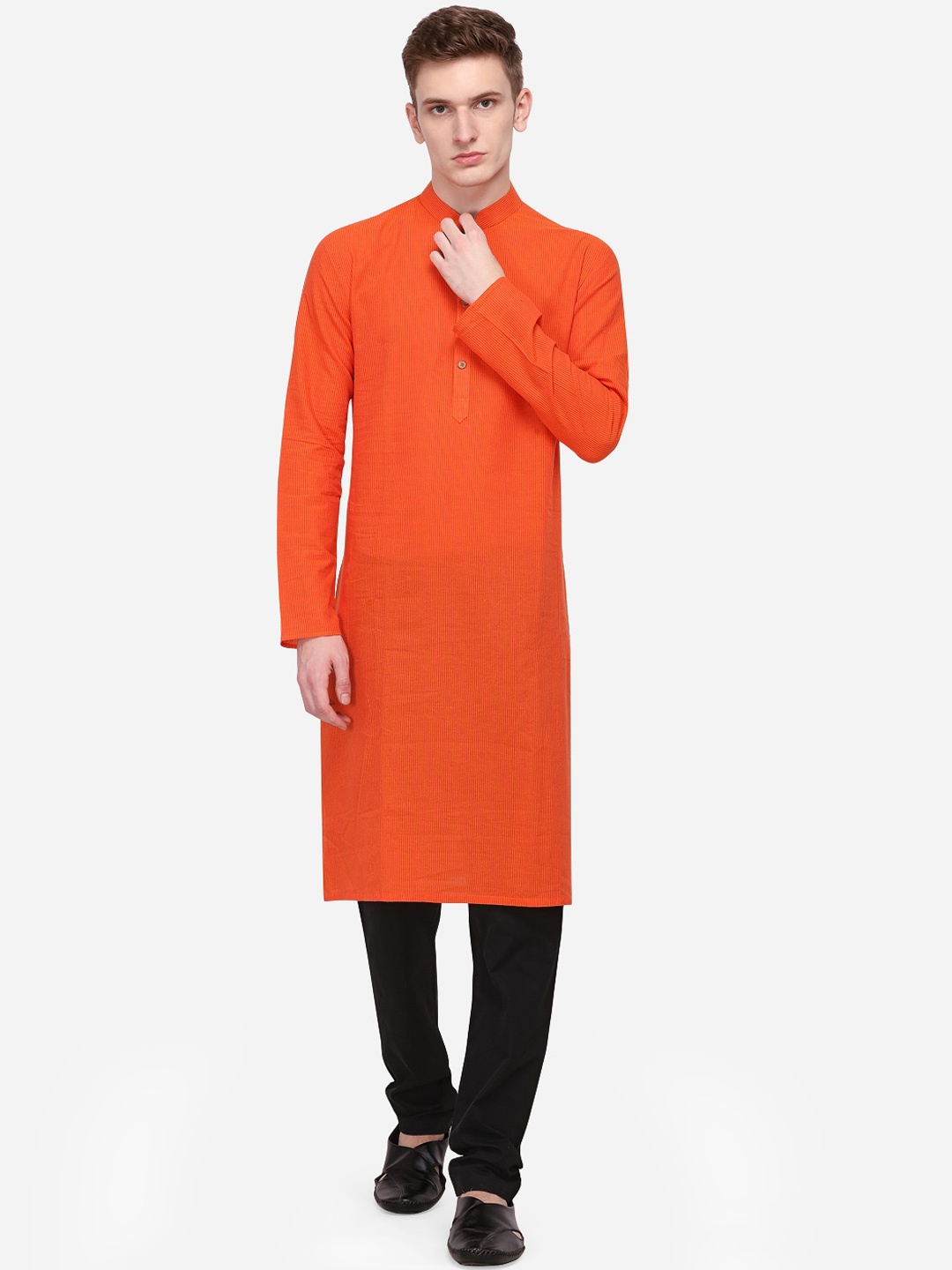 

azania Men Orange Striped Straight Kurta